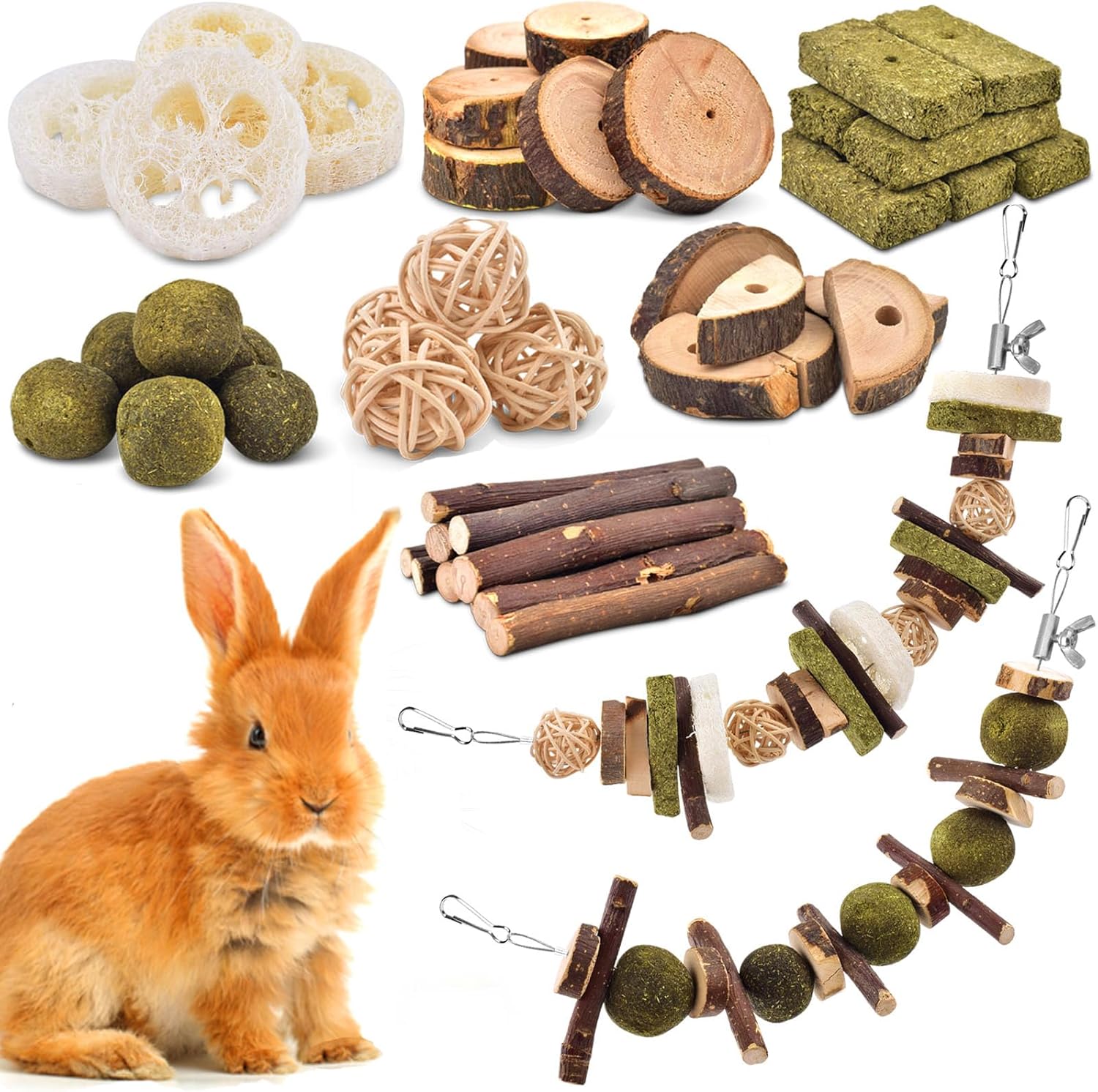 KATUMO Rabbit Chew Toys, 74 PCS DIY Hamster Chew Kit Bunny Teeth Care Molar Toys Ideal for Rabbit, Guinea Pig, Chinchilla, Hamster, Squirrel, Gerbils Etc Small Rodent Pets' Teeth Grinding
