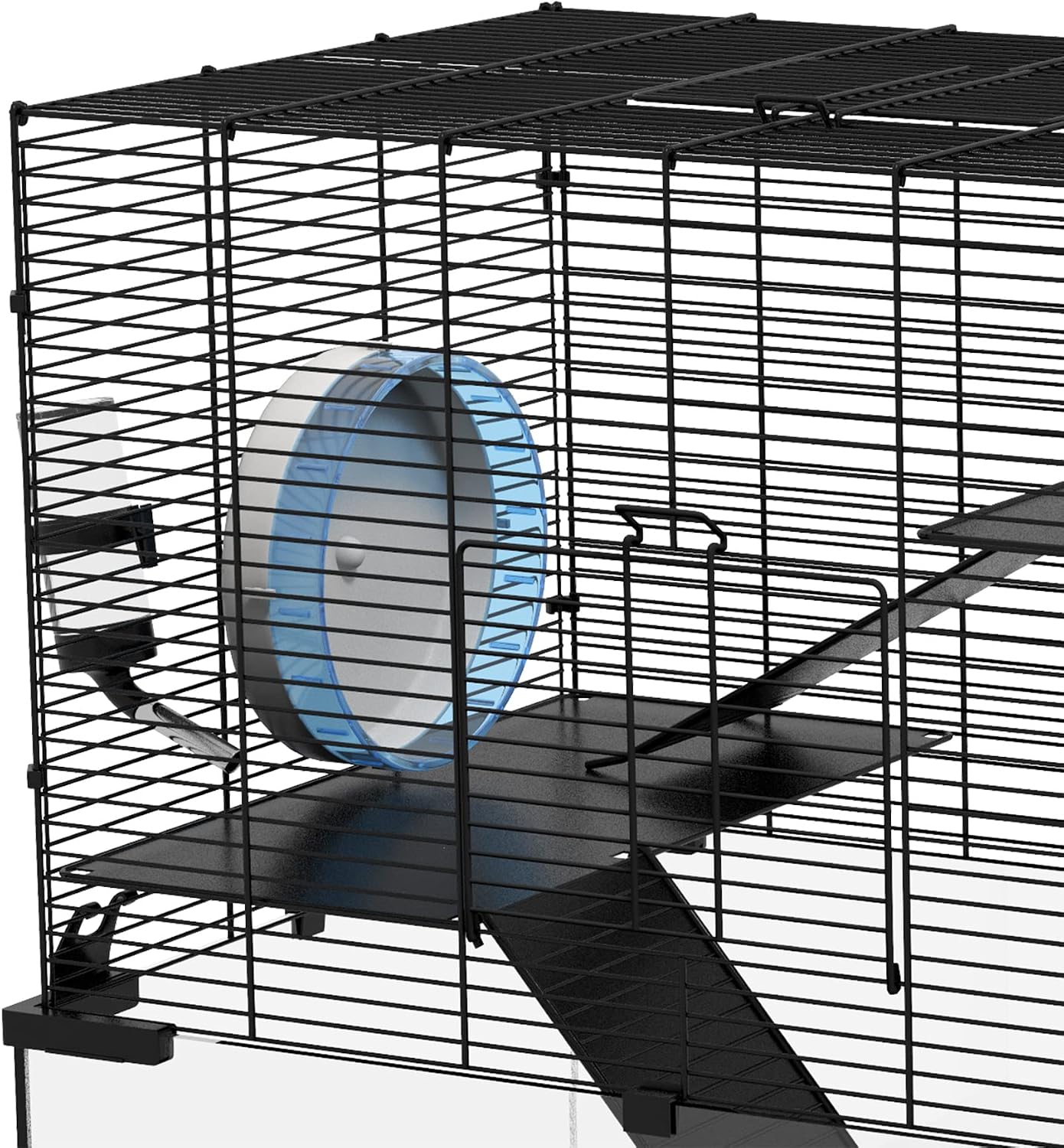 PawHut Large Hamster Cage with Deep Tempered Glass Bottom, 3 Tiers Hamster Tank with Running Wheel, Hut, Water Bottle, Dish, Rat Cage for Syrian, Dwarf, Gerbils, Mouse, 23.5" x 16" x 22.5", Black - Image 9