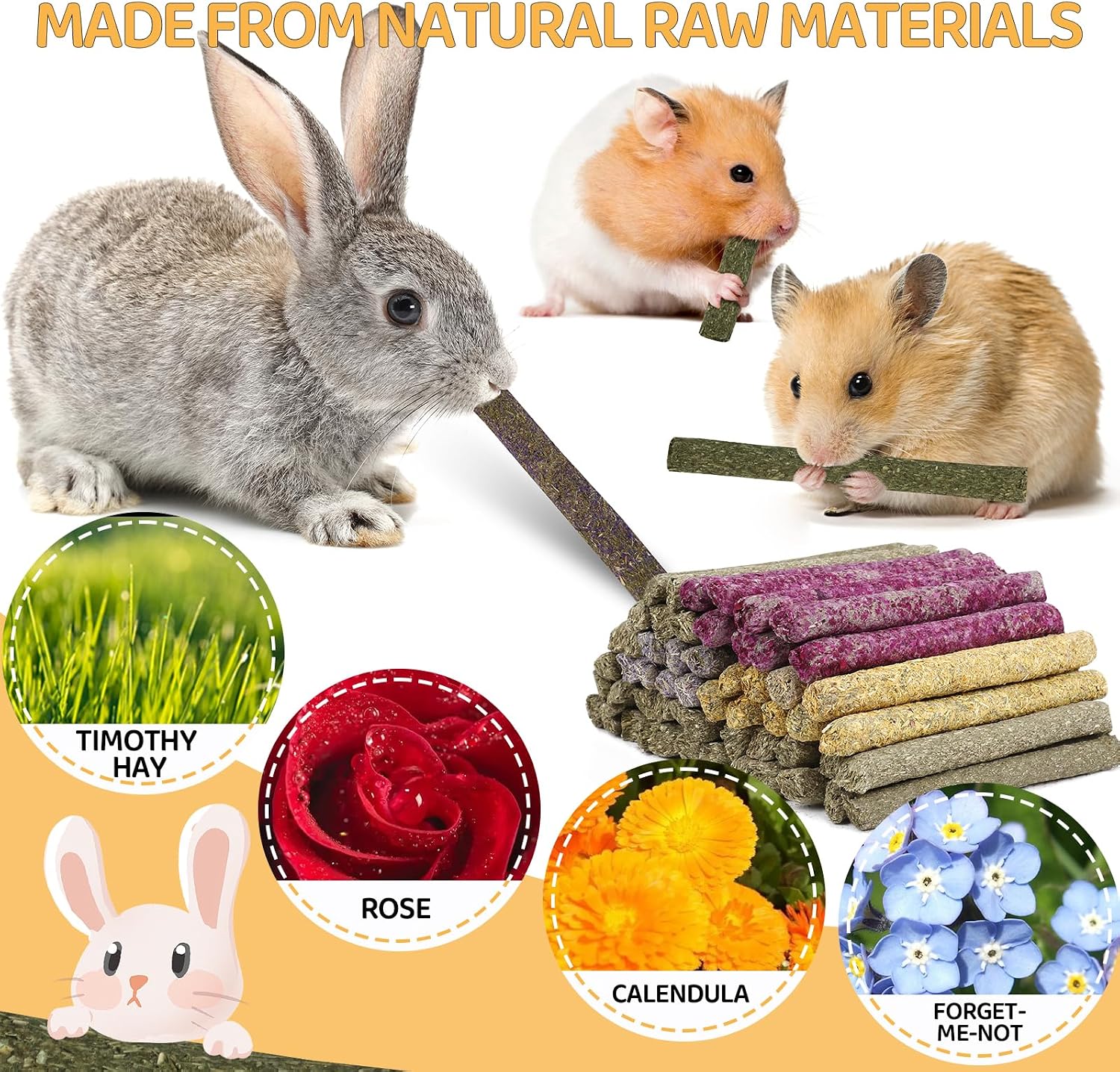 52Pcs Rabbit Chew Sticks, Guinea Pig Toys, Natural Timothy Grass Molar Teeth Stick, Mixing Flowers, Roses, Calendula and Forget Me Not, Small Animals Treats - Image 4