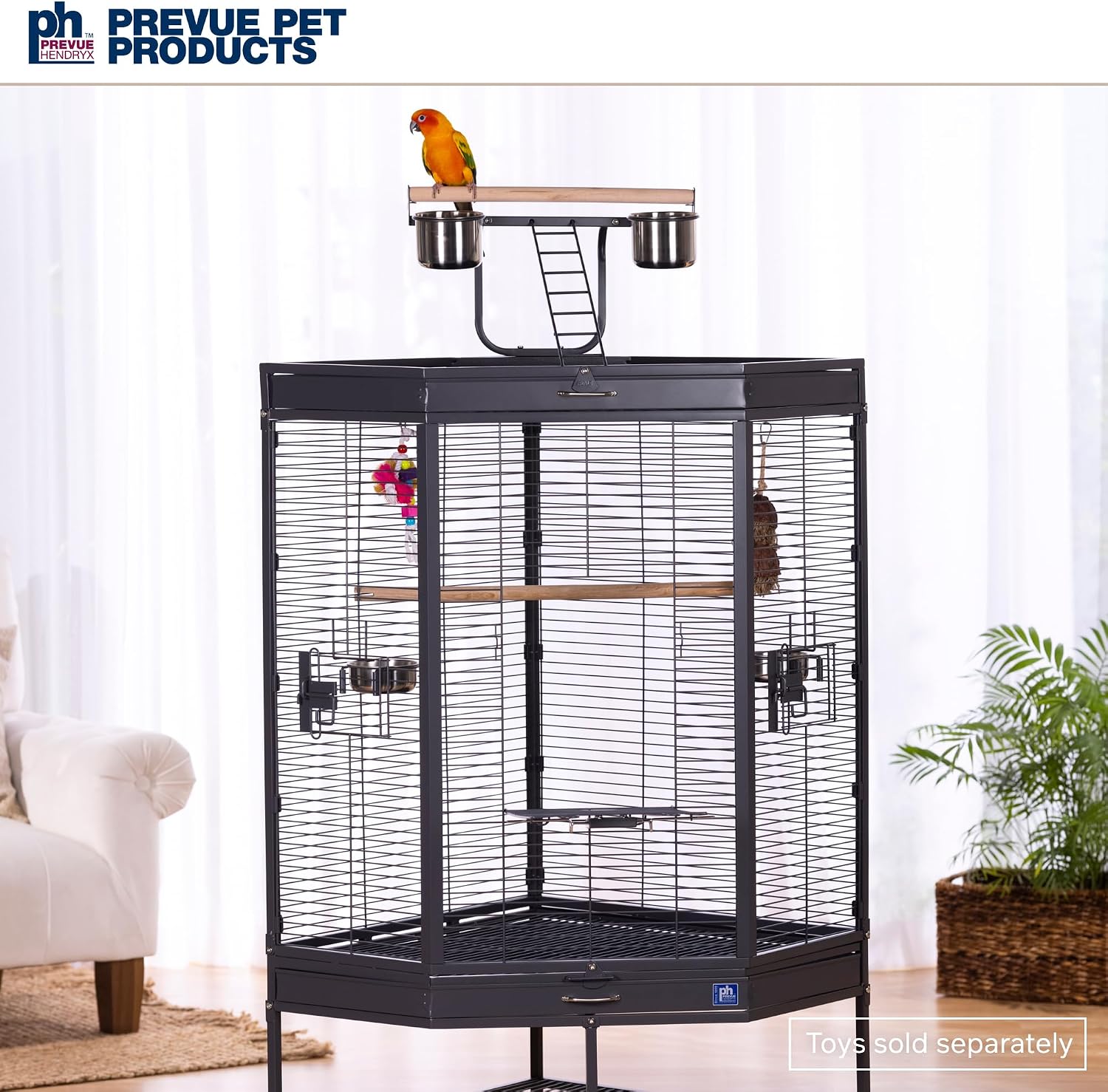 Prevue Pet Products Corner Bird Cage with Playtop - Large Cage with Rolling Stand, Comes with Wooden Perches & Double Food & Water Cups, Secure Side Door Locks, Elevated for Enrichment - Black - Image 2