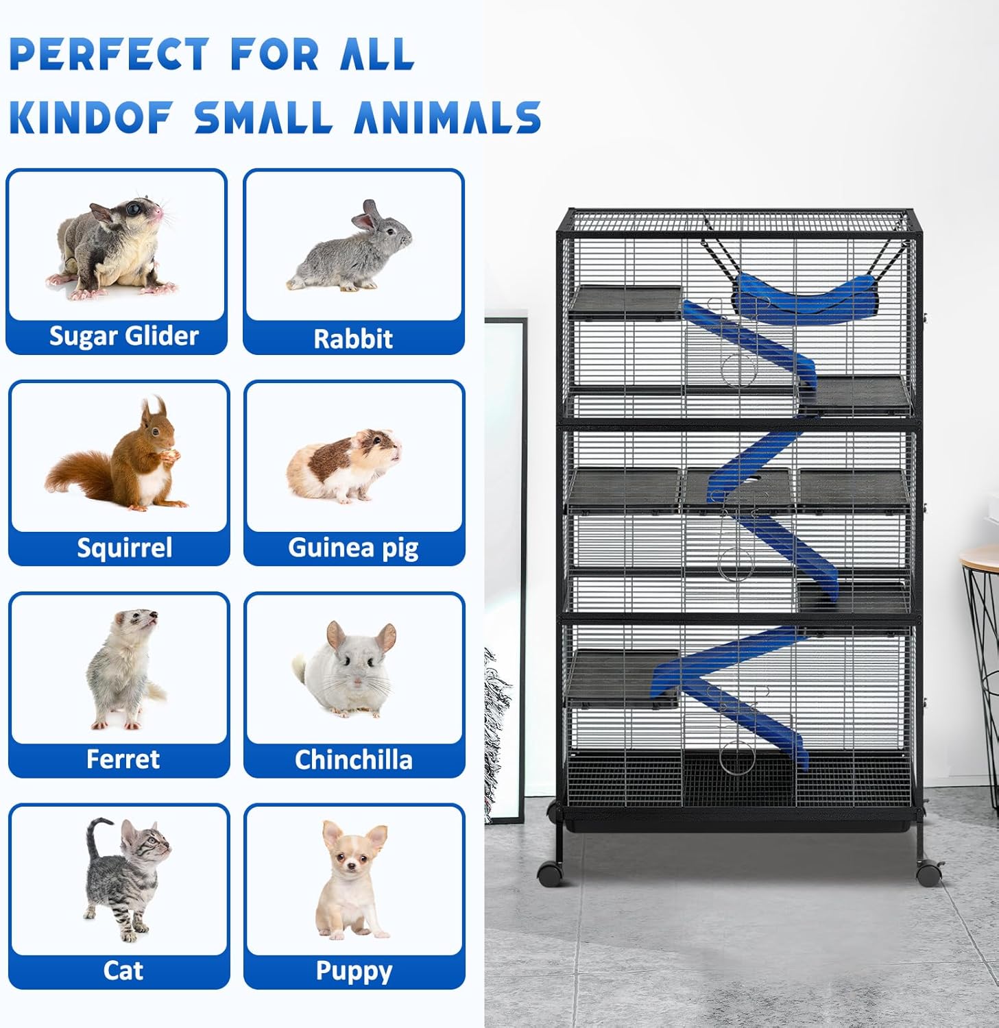 Metal Small Animal Cage 6-Tier Ferret Sugar Glider Cage for Chinchillas/Guinea Pig/Rabbit/Large Hamste Rolling Critter Nation Cage with Flannel ramps, Removable Tray,6 Doors Easy Clean - Image 5