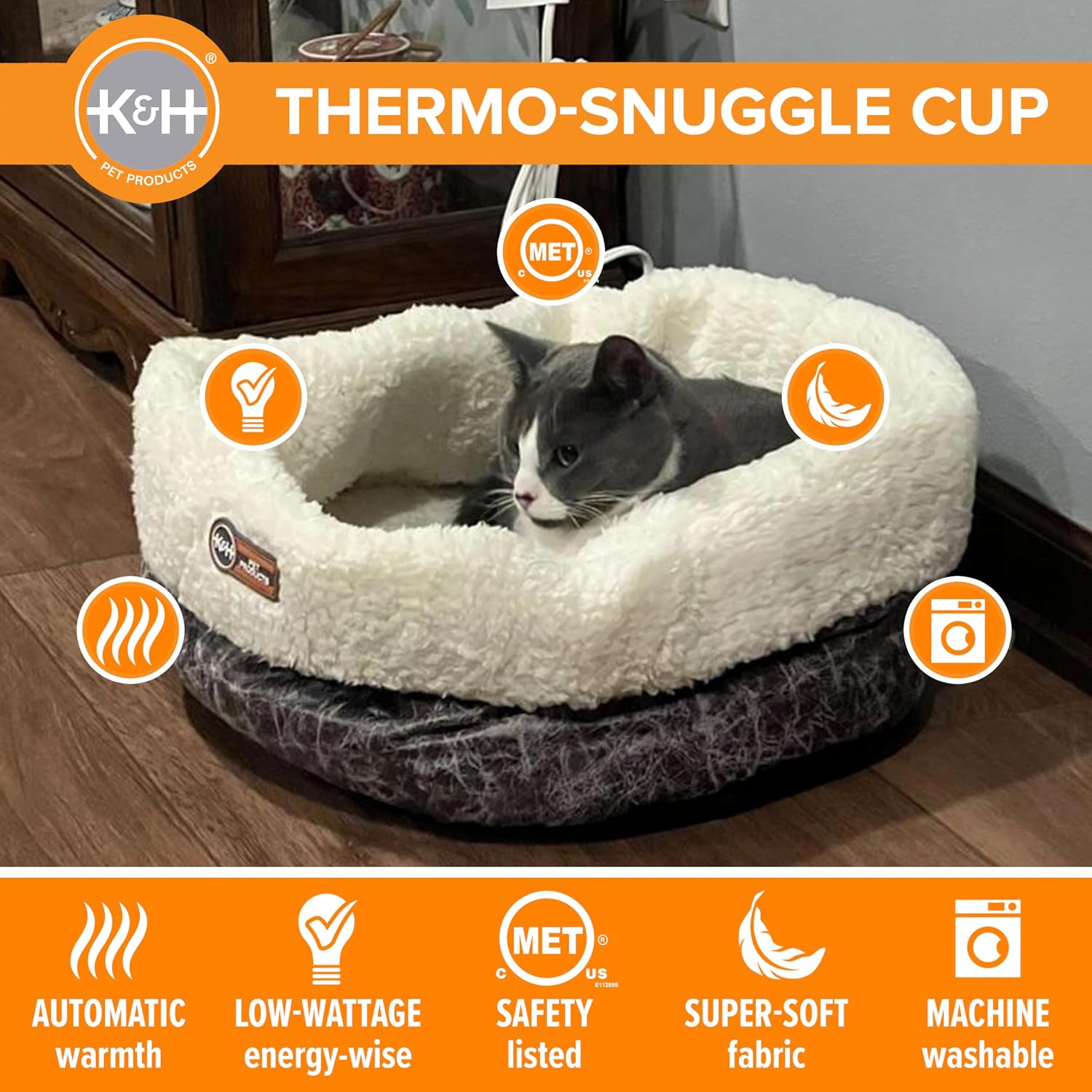 K&H Pet Products Heated Cat Bed Indoor, Thermo-Snuggle Cup Bomber Soft Heated Pet Bed for Large Indoor Cats and Small Dogs, Machine Washable, Waterproof Heated Pad, Safety Listed - 18 X 14in Gray - Image 3