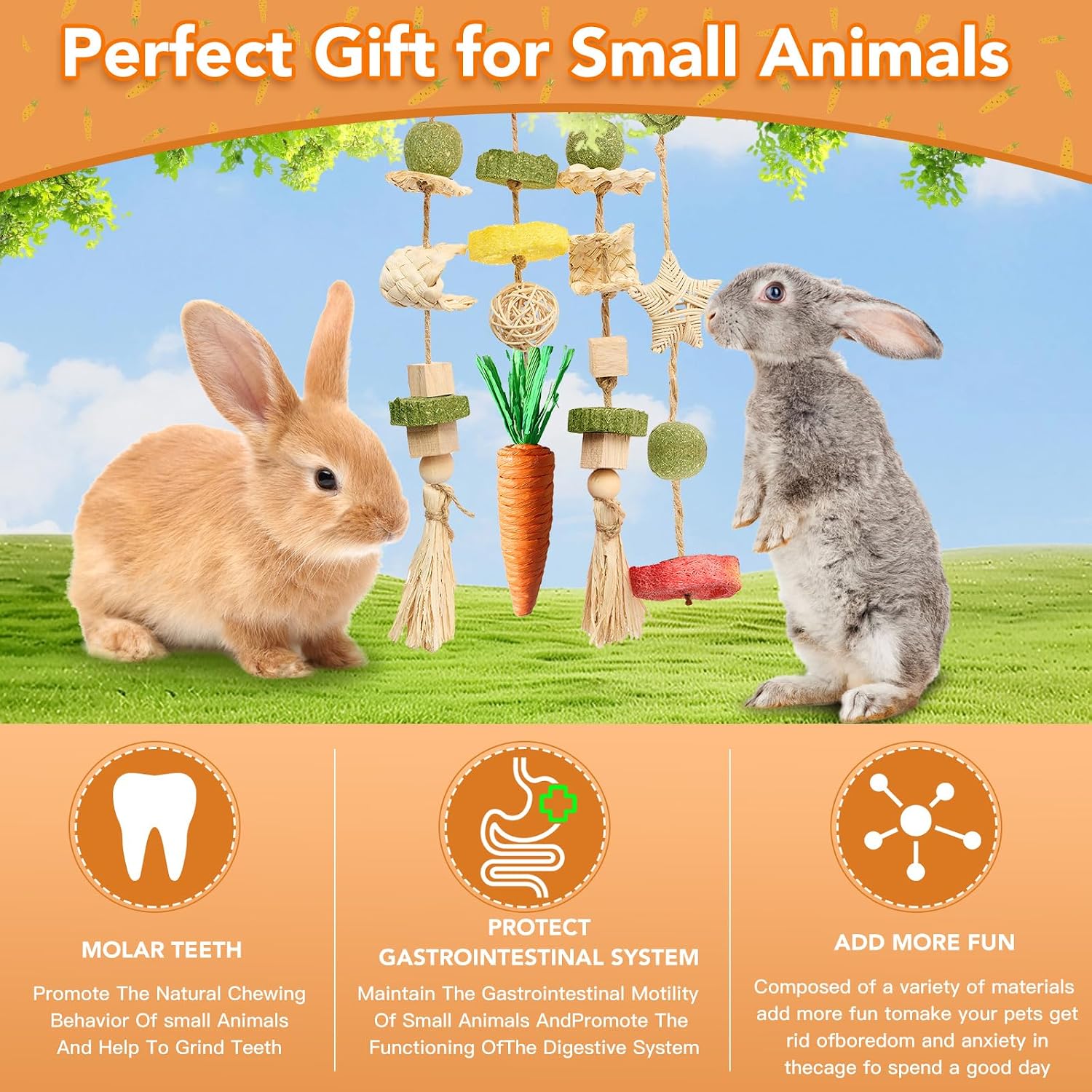 Jorewood Rabbit Chew Toys Bunny Cage Hanging Toy and Treats Rattan Ring with Snacks for Rodent Pets Teeth Healthy - Image 6