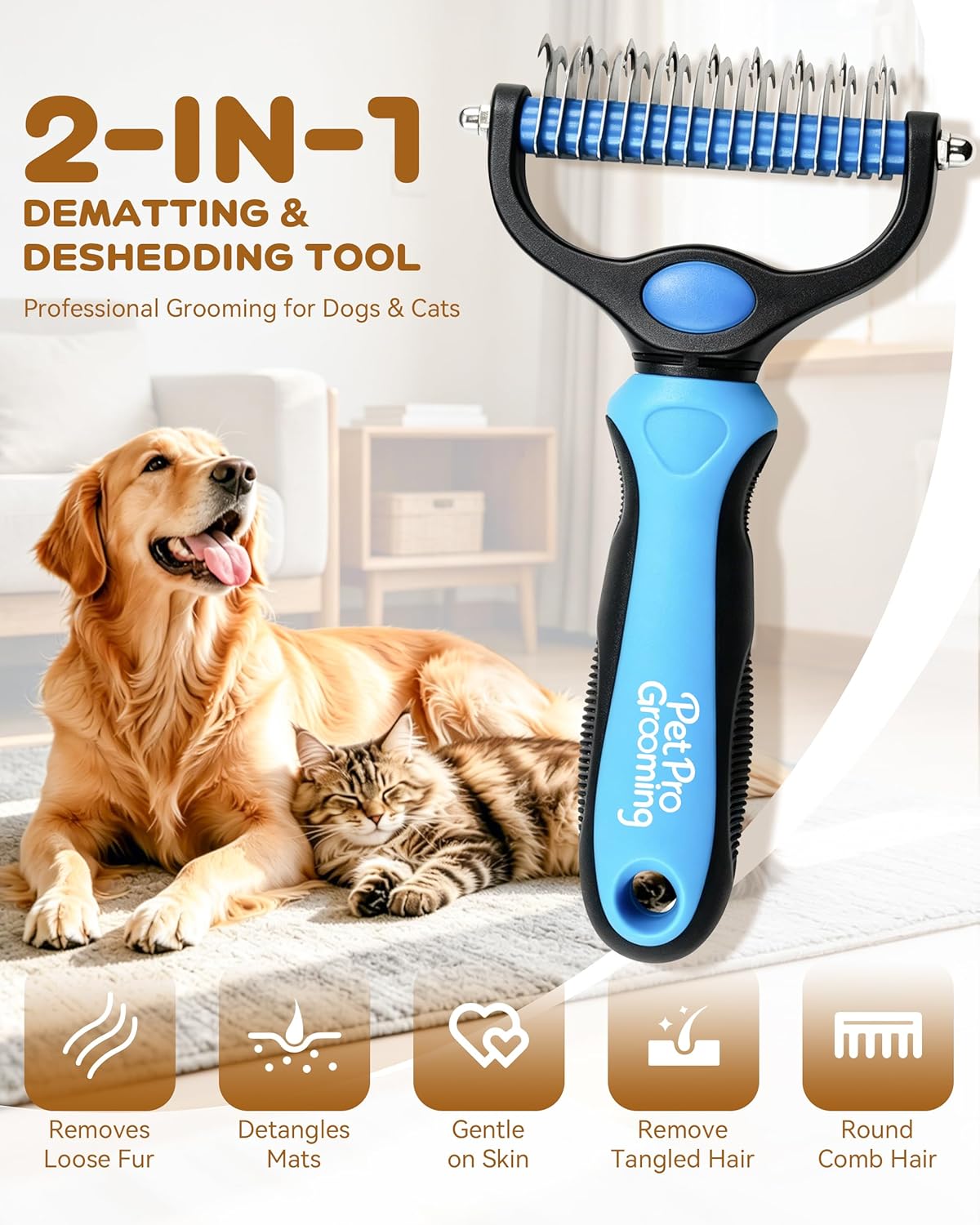 Tool, 2-In-1 Double-Sided Grooming Tool, Deshedding Dog Brush, Pet Shedding Remover Rounded-Tooth Comb For Painlessly Removing Knots And Loose Hair (Blue-Large) - Image 2