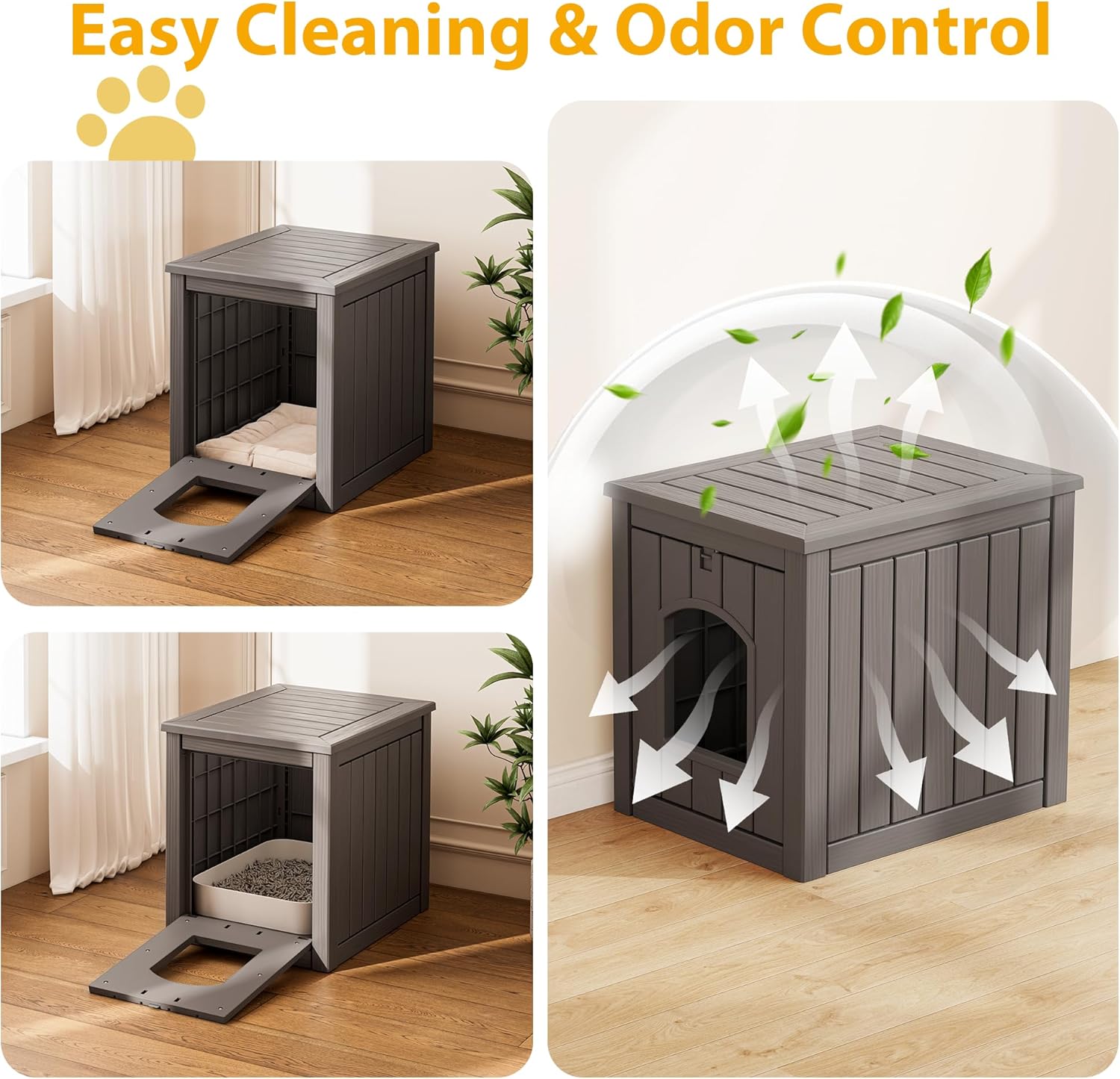 Cat Litter Box Enclosure, Multi-Functional Enclosed Cat Litter Box Furniture, Outdoor Cat House Weatherproof, Openable Front Door & Raised Floor, Easy to Clean & Assemble, Grey - Image 3