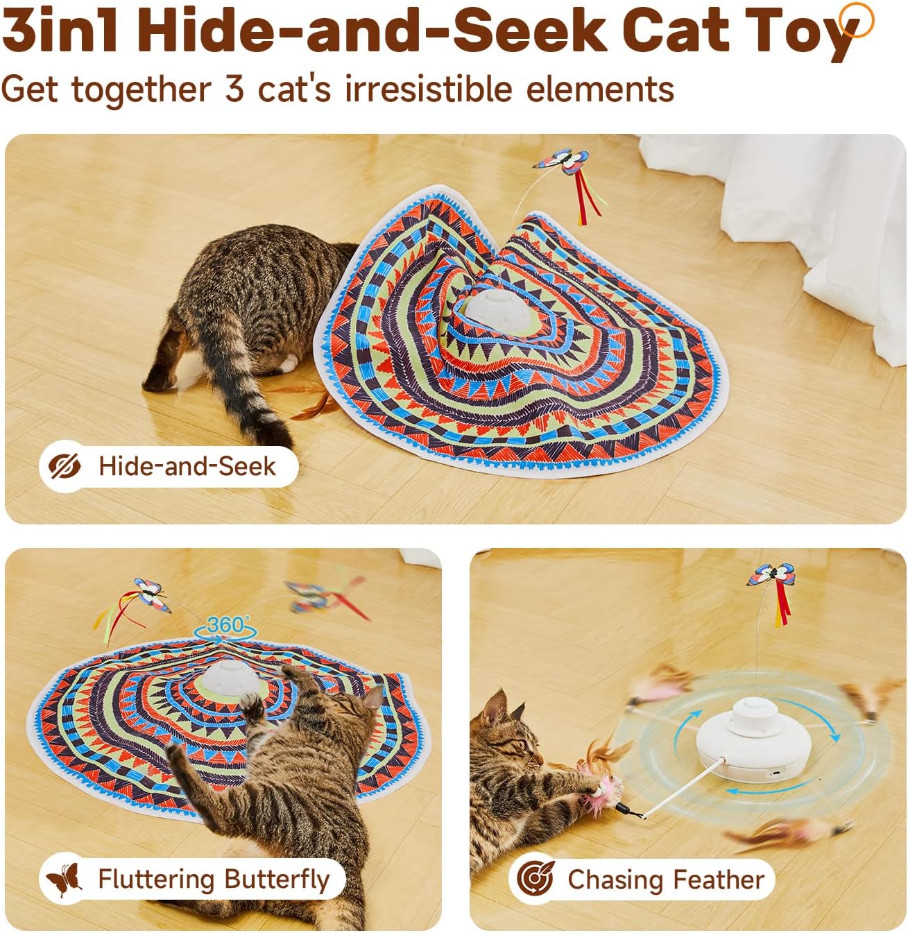 Potaroma Cat Toys Chargeable, 3in1 Hide and Seek, Interactive Fun | Automatic Fluttering Butterfly, Moving Feather, Kitten Wand, Indoor Kitty Exercise Kicker 22.8 Inch Cover for All Breeds - Image 2
