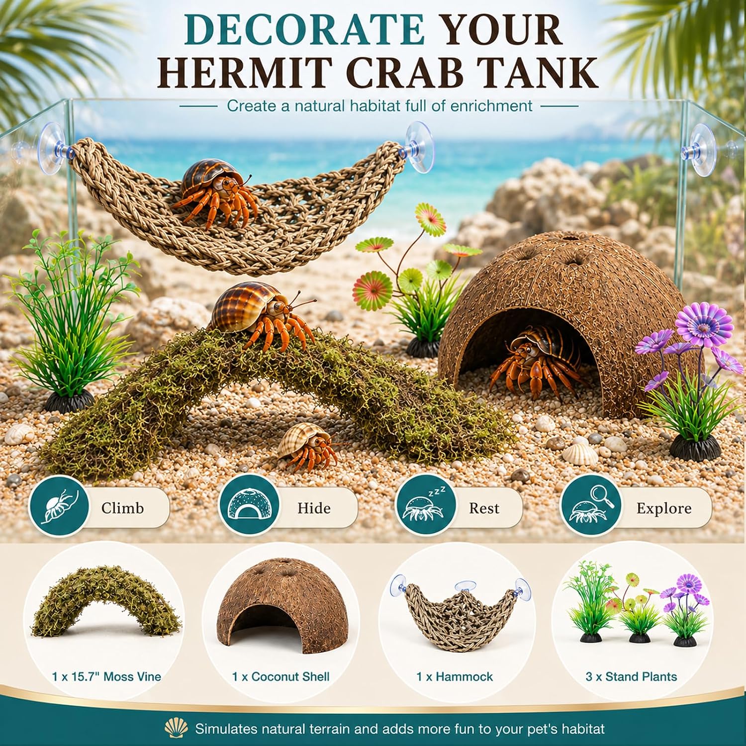 HERCCOCCI Hermit Crab Accessories, 6Pcs Hermit Crab Toys Coconut Shell Hut Climbing Hammock Artificial Plants for Hermit Crabs - Image 9