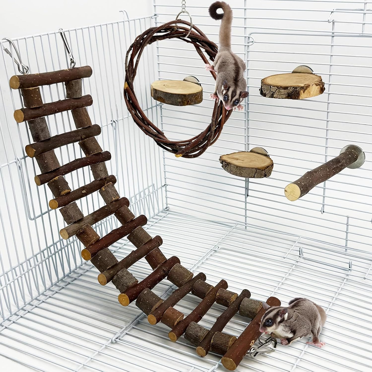 BNOSDM Sugar Glide Cage Accessories 6 Packs Wood Sugar Glider Toys Hanging Cage Ladder Sugar Glider Perch Stand Climbing Platform for Hamster Squirrel