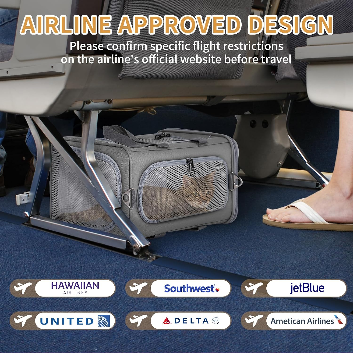 Petsfit Airline Approved Pet Carrier for Small Cats, 16.5x8.6x11 TSA Approved Carrier, with Removable Dual-Sided Padding (2-Way Placement) - Fits Under Most Airplane Seats, Escape Proof (Grey) - Image 3