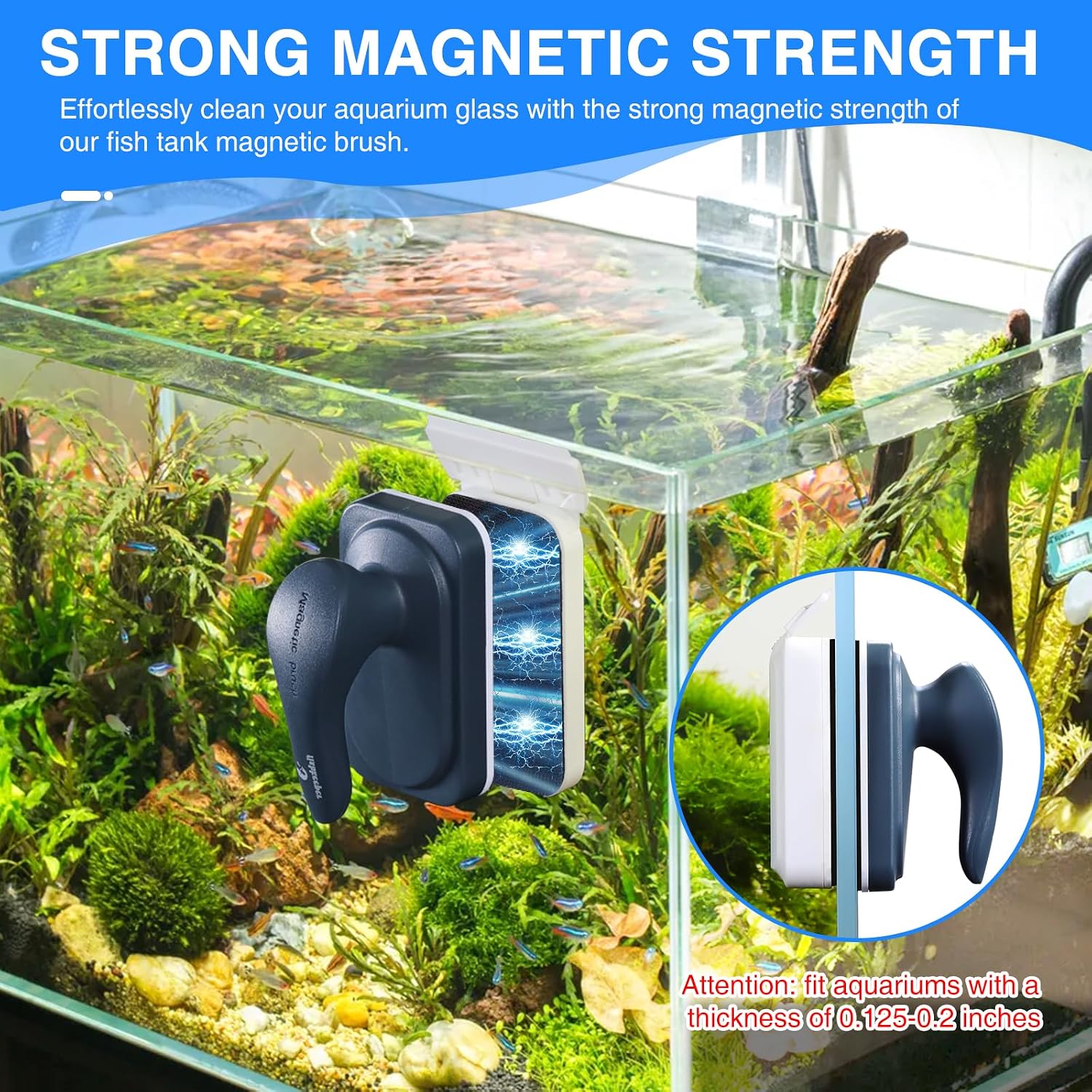 fishkeeper Aquarium Strong Magnetic Glass Cleaner Brush, Fish Tank Algae Magnet Cleaning Tool with 2 Detachable Scrapers, Mag Float Scrubber for 0.2 Inch Glass and Acrylic Tanks - Image 2