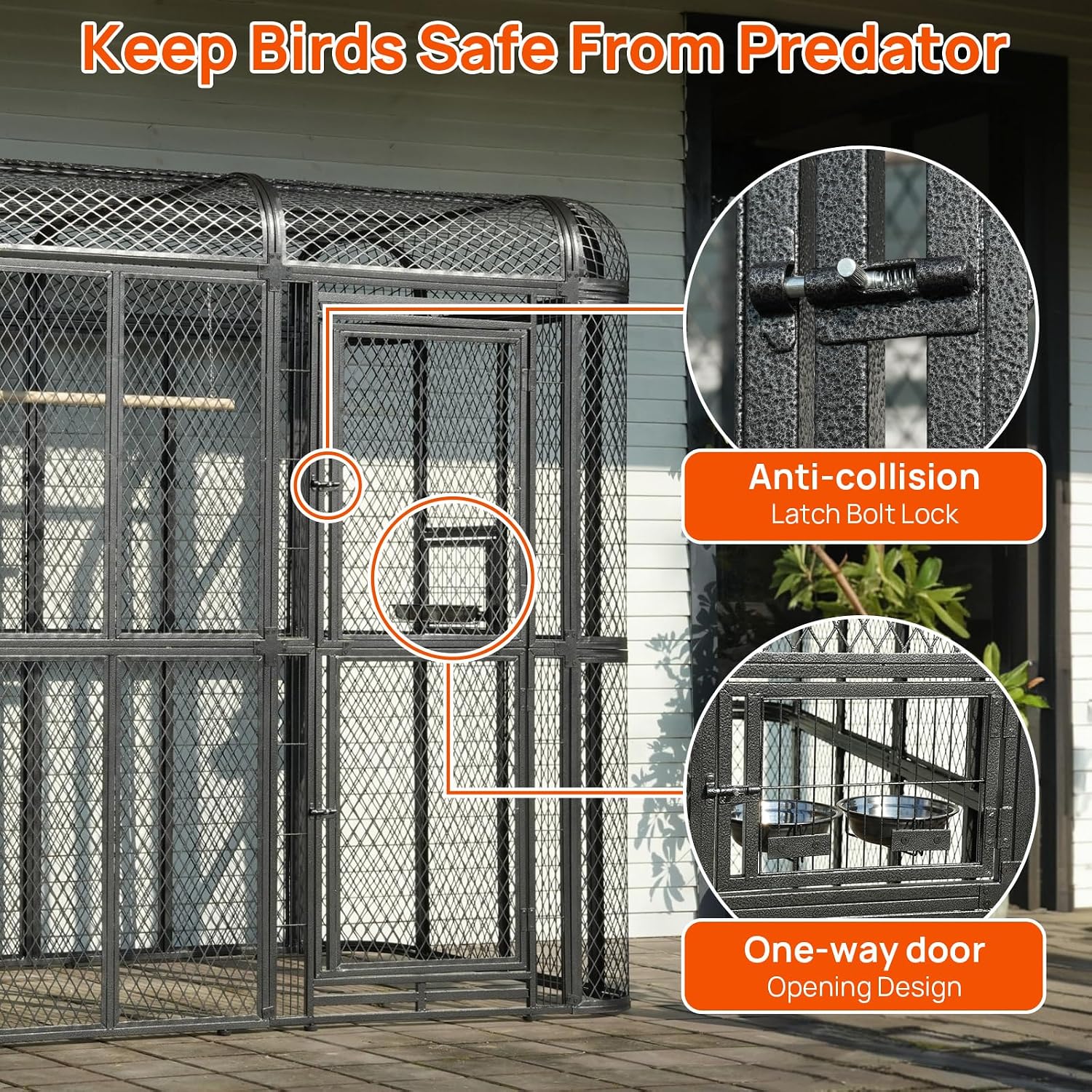77" Walk-in Bird Cage, Heavy Duty Outdoor Aviary for Macaws | Parrots & Cockatiels Rustproof Carbon Steel, 6.4×3.8×7.95 Ft, Diamond Grid Design - Image 6