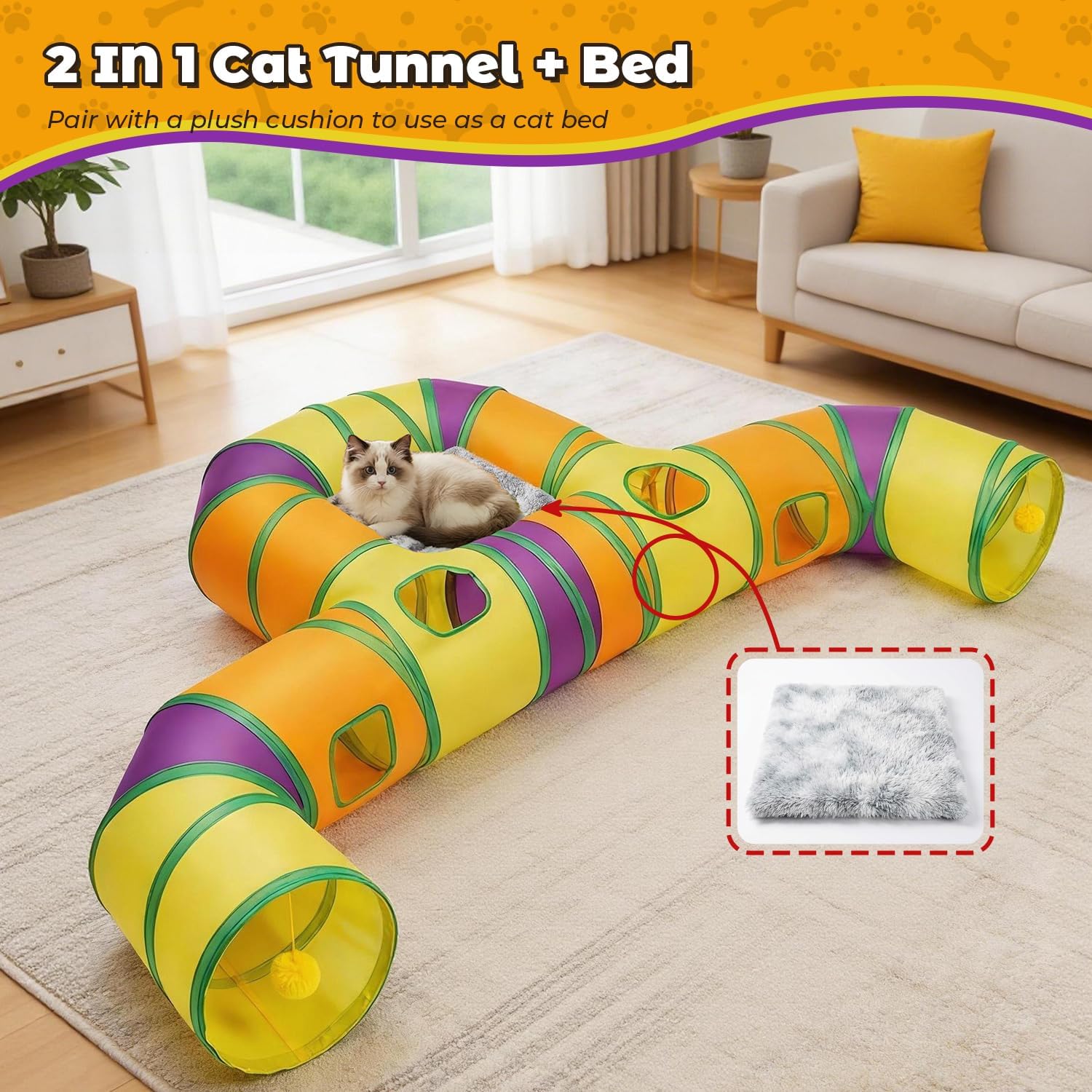 Cat Tunnel for Indoor Cats Large, Collapsible Cat Playhouse Pet Play Tunnel Tube Maze with Hanging Pom-Poms and Interactive Holes for Kitten, Kitty, Puppy, Rabbits, Ferret, Guinea Pig - Image 6