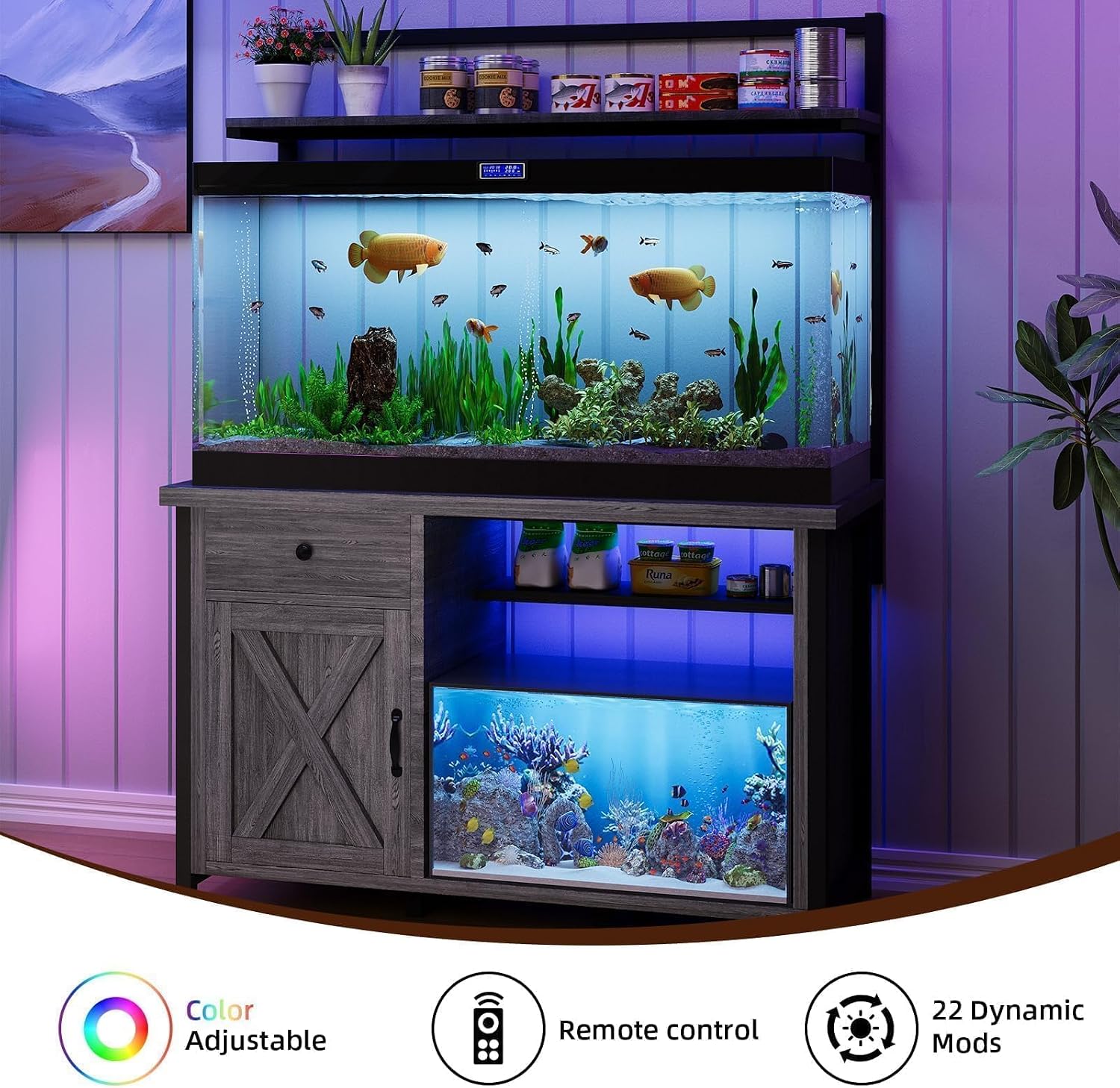 55-75 Gallon Fish Tank Stand with Power Outlet, Led Light, Aquarium Stand with Cabinet for Fish Tank Accessories Storage, Shelf, for Turtle Tank, Reptile Terrarium, 1100 LBS, Gray - Image 5