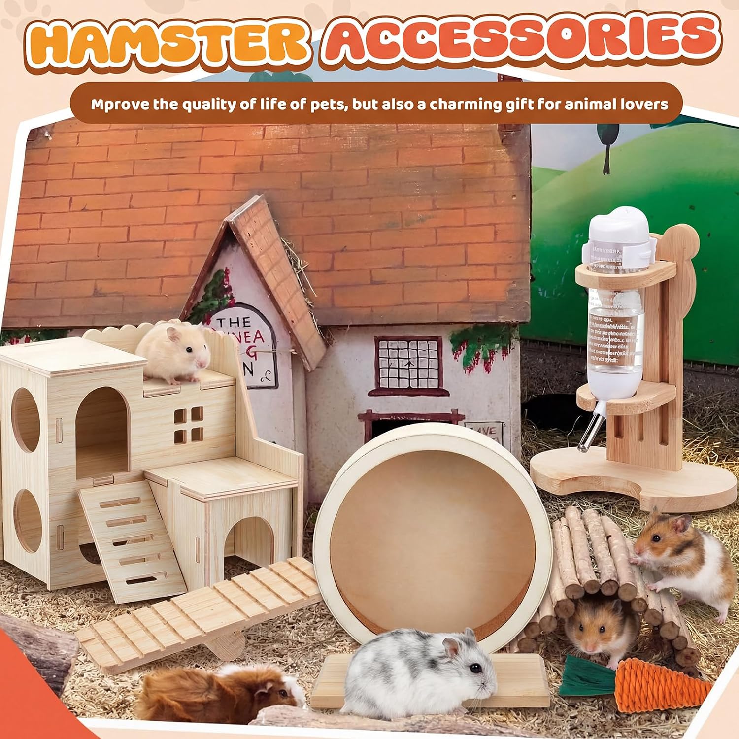 18 Pcs Hamster Cage Accessories, Silent Hamster Wheel, 15 Chew Toys Set, Maze Wood House and Water Bottle Set for Rat Mice Small Animals Habitat (Harmony Wooden Style) - Image 7