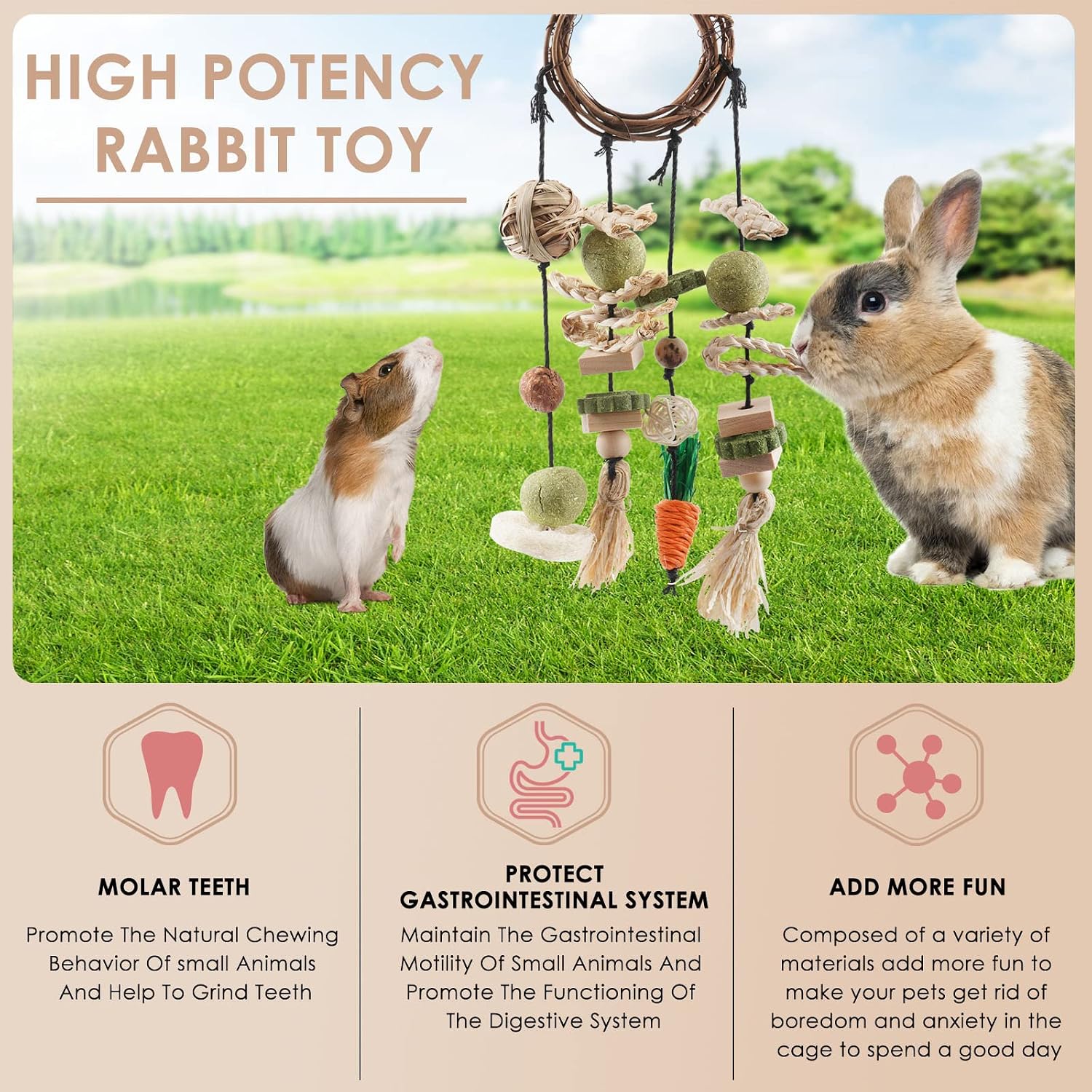 Bissap Bunny Chew Toy, Rabbits Cage Hanging Chew Toys and Treats Grapevine Wreaths Rattan Ring with Snacks for Guinea Pigs Chinchillas Hamsters Rats and Other Small Pets Teeth Grinding - Image 4
