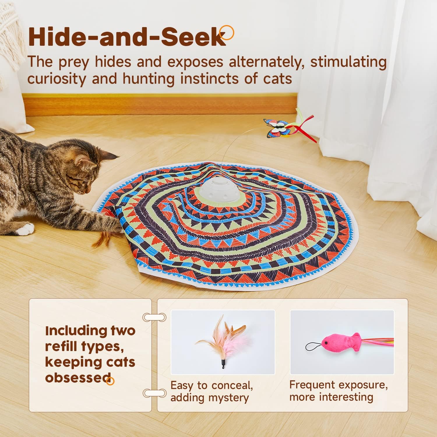 Potaroma Cat Toys Chargeable, 3in1 Hide and Seek, Interactive Fun | Automatic Fluttering Butterfly, Moving Feather, Kitten Wand, Indoor Kitty Exercise Kicker 22.8 Inch Cover for All Breeds - Image 3