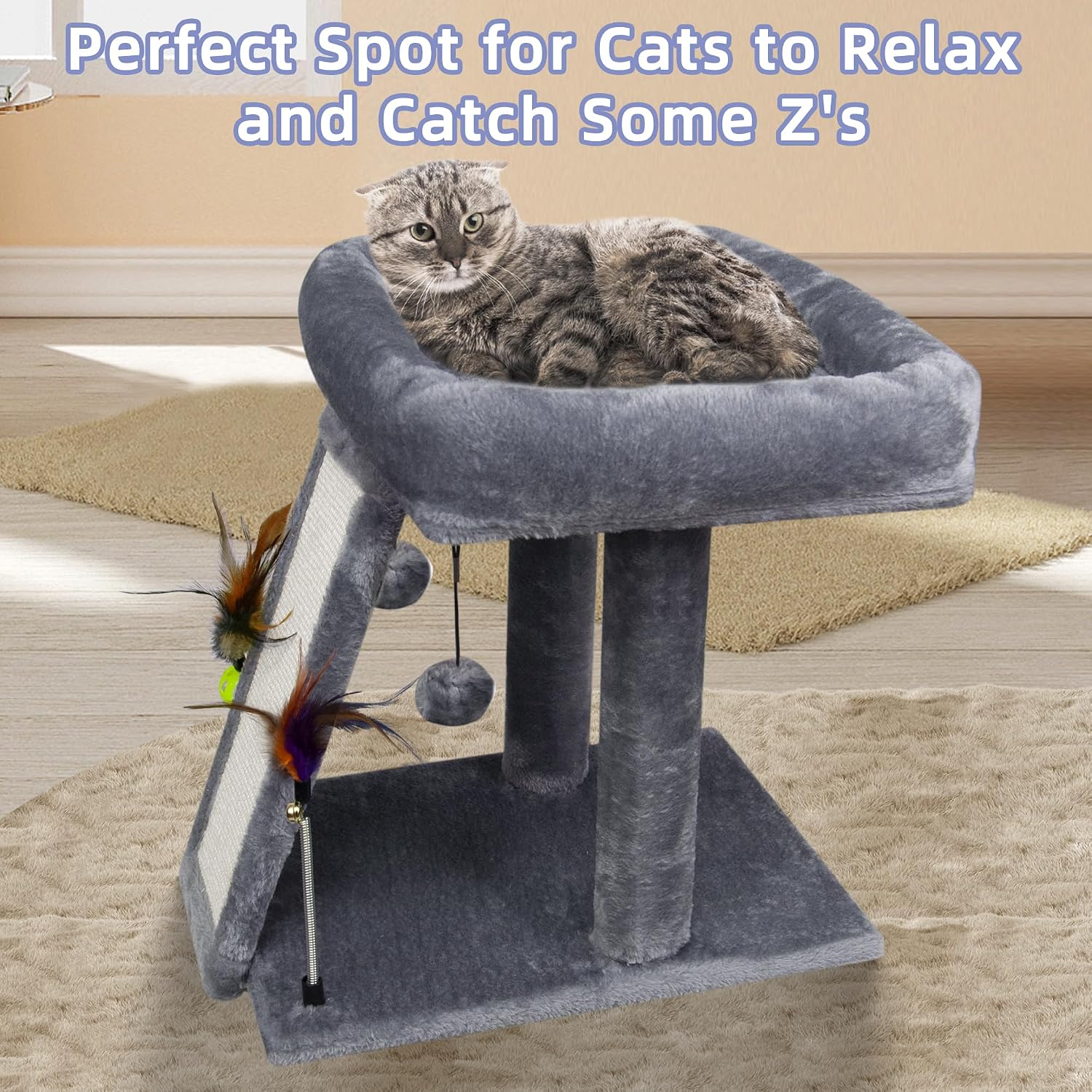 TWDEPART Cat Tree Tower with Cat Scratching Post for Indoor Cats, Activity Centre Climbing Tree with Scratching Board and Playful Toy Balls, Grey - Image 6