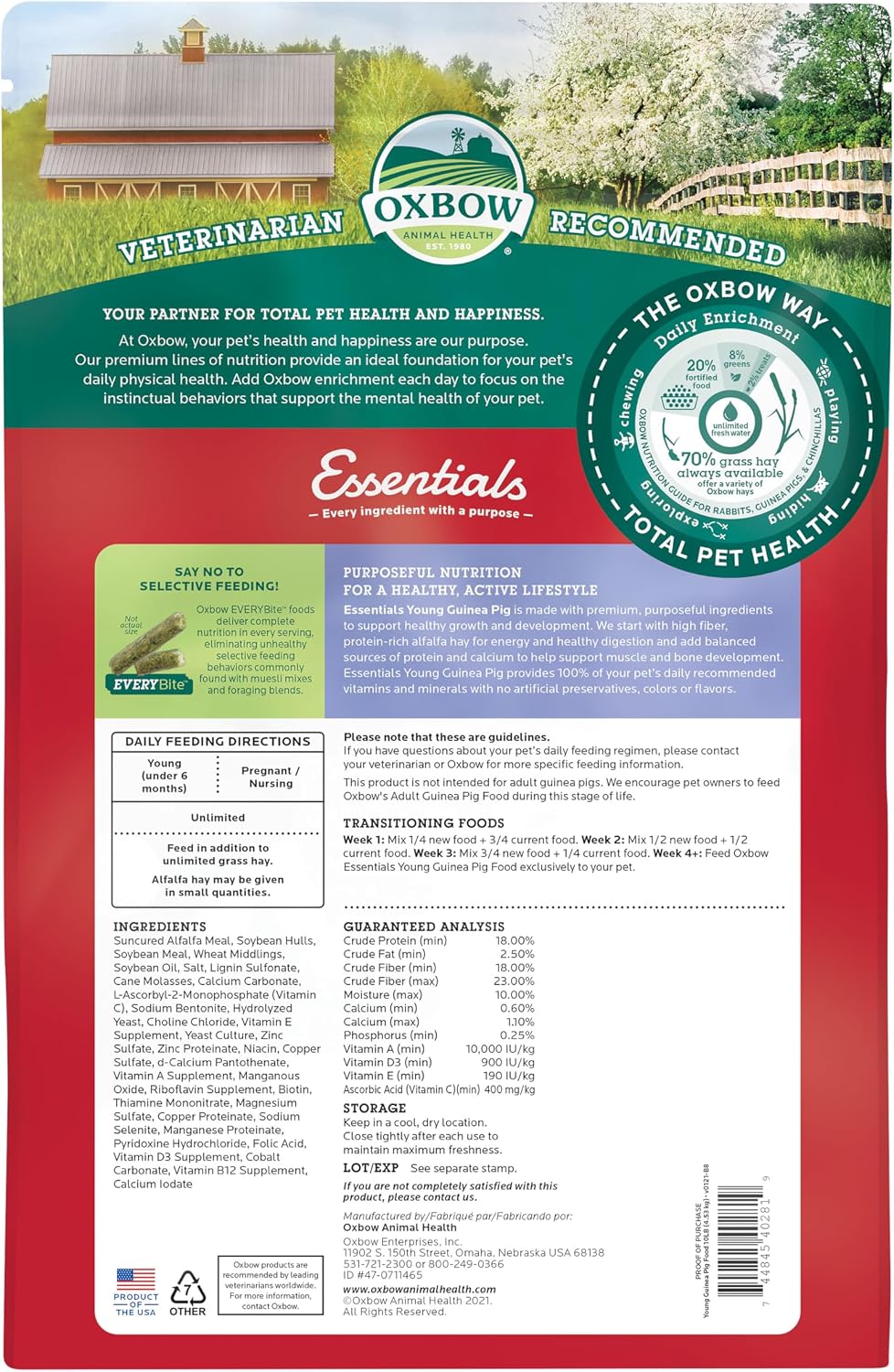 Oxbow Essentials Young Guinea Pig Food, Guinea Pig Pellets Made with Timothy Hay, Stabilized Vitamin C, Small Animal Pet Products, Small Animal Food Made in USA, High Fiber, 10 lb. Bag - Image 2
