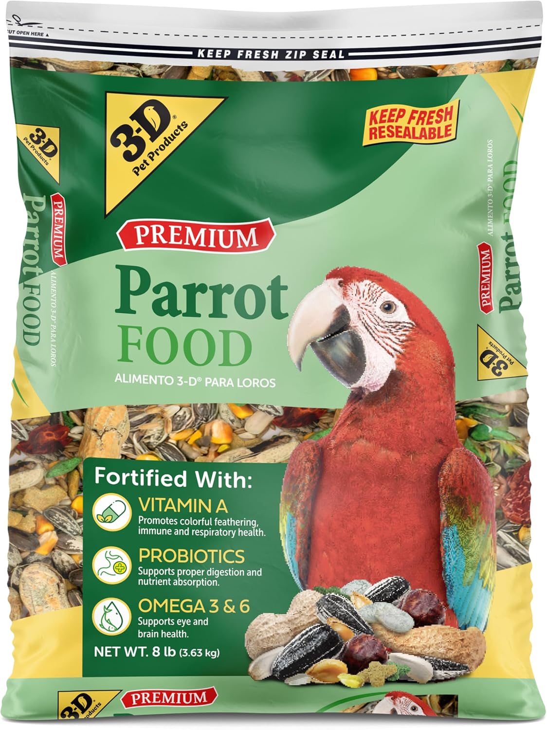 3-D Pet Products Premium Parrot Food, Seed Mix for Parrots, Cockatoos & Macaws, with Vitamins, Minerals & Probiotics, No Chemical Preservatives