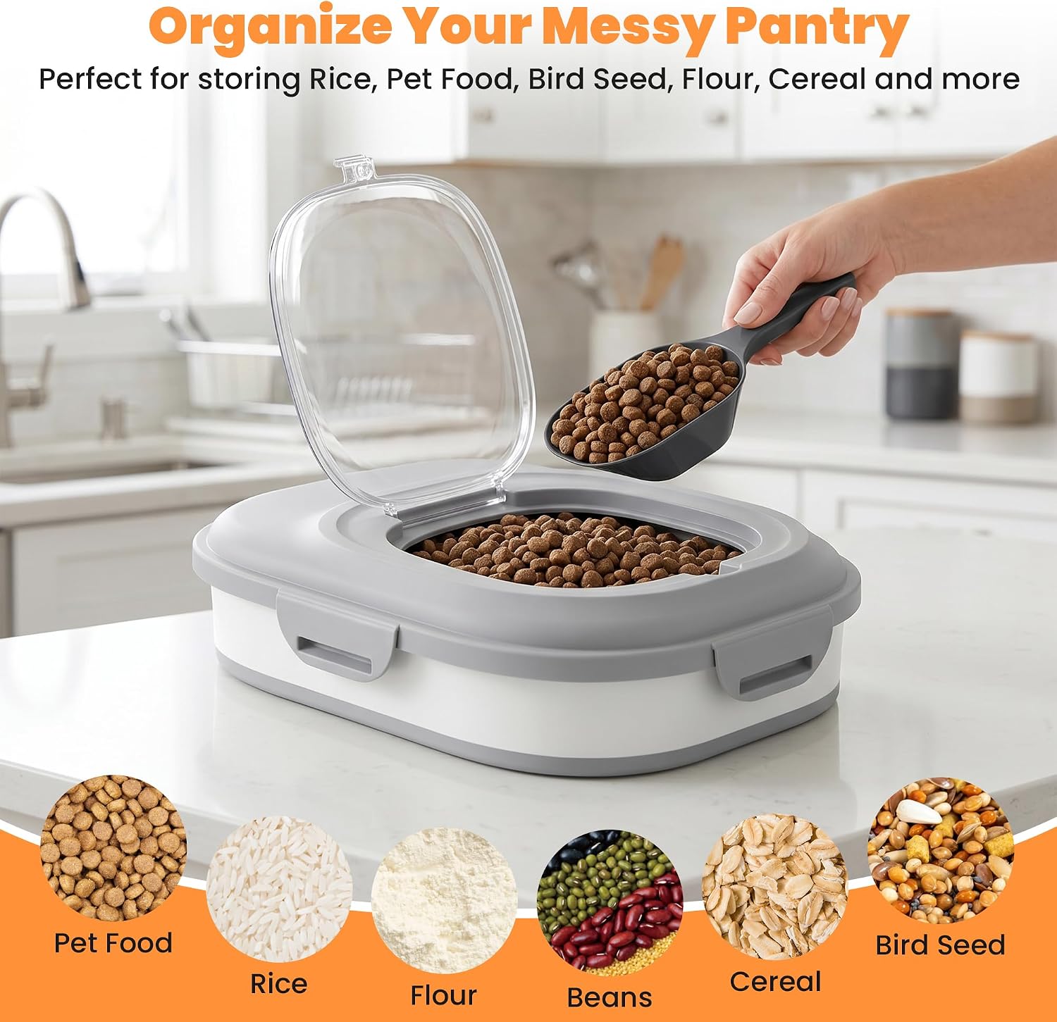 30 Lbs Dog Food Storage Container with Wheels, Collapsible Pet Food Storage Container with Clear Window, Measuring Cup & Scoop, BPA Free Cat Food Container for Rice, Flour, Grain, Bird Seed - Image 5