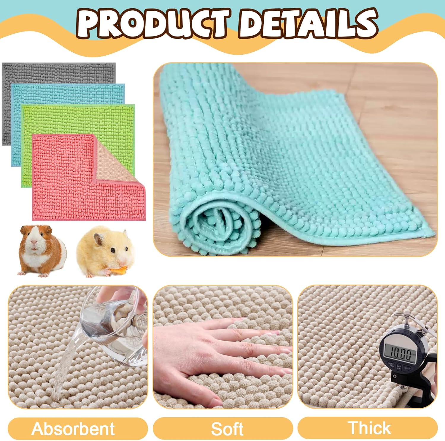 8 Pcs Guinea Pig Liner Washable Rabbit Cage Liner 16x12 Inch Guinea Pig Fleece Mats Reusable Bedding Pee Pads for Small Animals, Bunny (Gray, Green, Pink, Blue) - Image 2