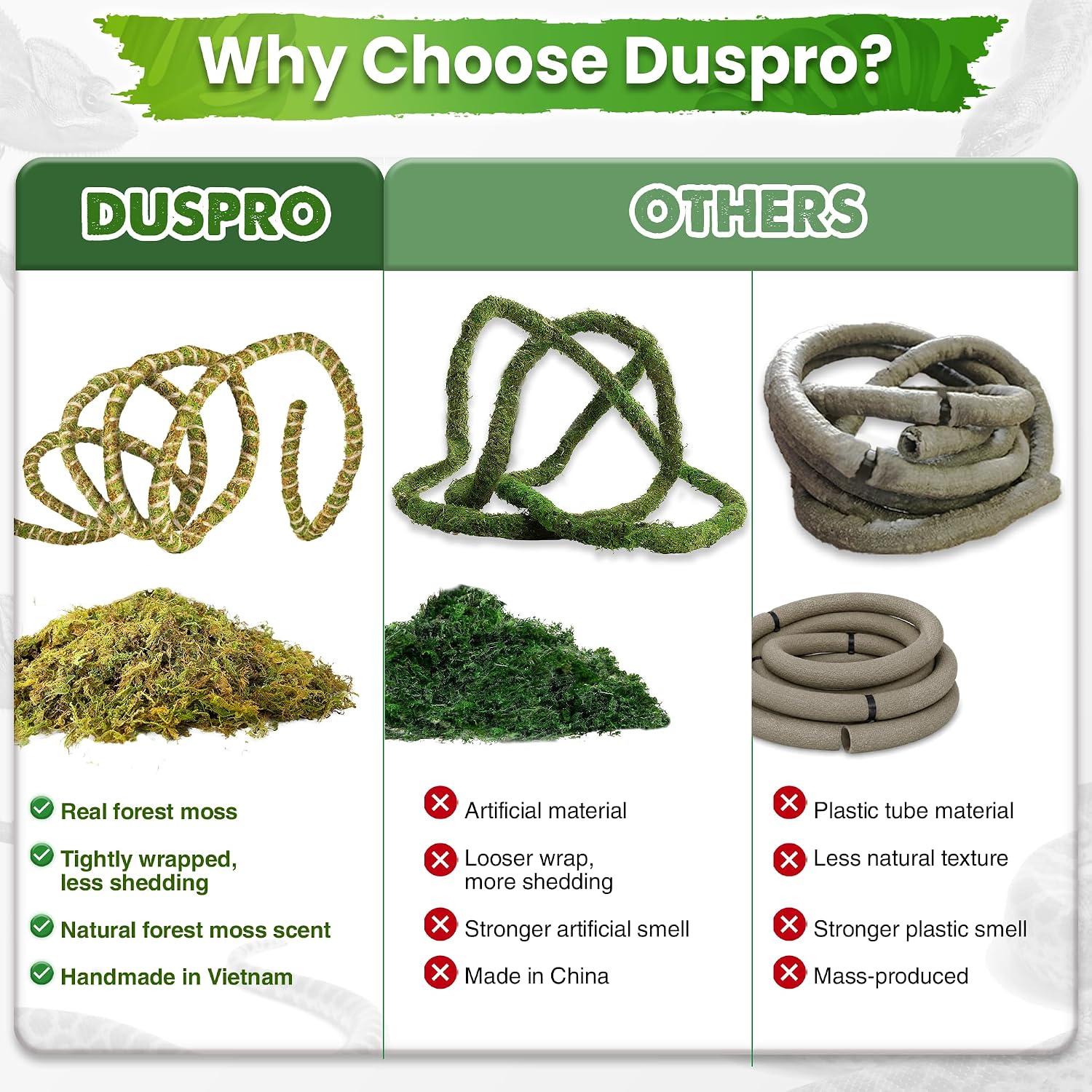 Duspro 10FT Reptile Vines for Climbing Bendable Branch for Reptile Natural Moss Rope Jungle Decor for Bearded Dragon, Chameleon Tank Accessories, Snake Gecko Lizard Terrarium - Image 4