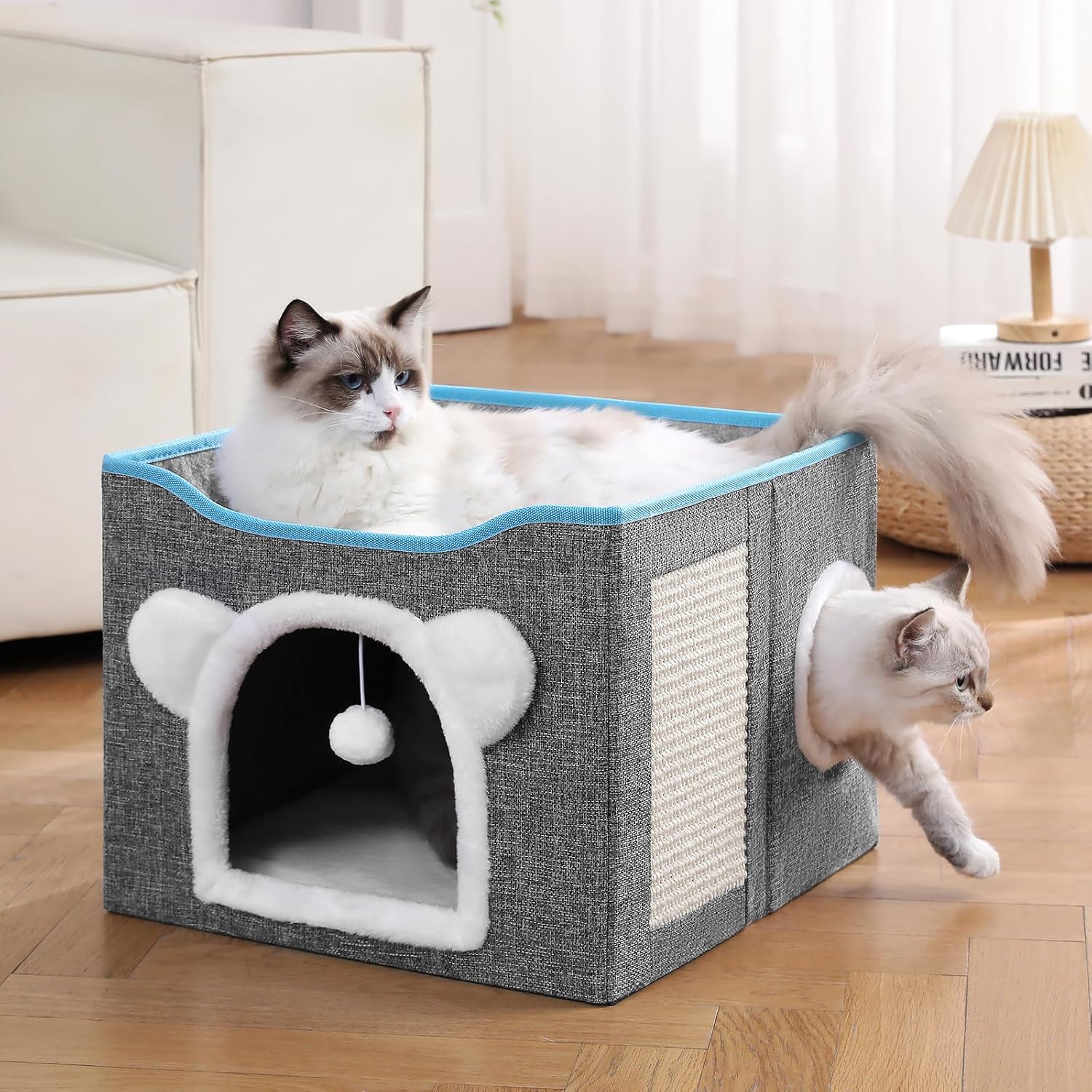 Cat House for Indoor Cats, Large Cat Bed Cave with Scratch Pad and Fluffy Ball, Foldable Cat Hideaway Condo, Kitten Bed, 16x16x13inch (Grey, Large) - Image 6