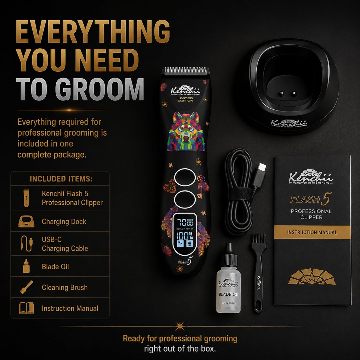 Kenchii Flash 5 Professional Dog Grooming Clippers, Cordless 5-Speed Pet Hair Trimmer for Thick Coats & Matted Fur, Quiet Heavy Duty Clipper, 5-in-1 Adjustable Blade, LCD Display, USB-C (Wolf Edition) - Image 5
