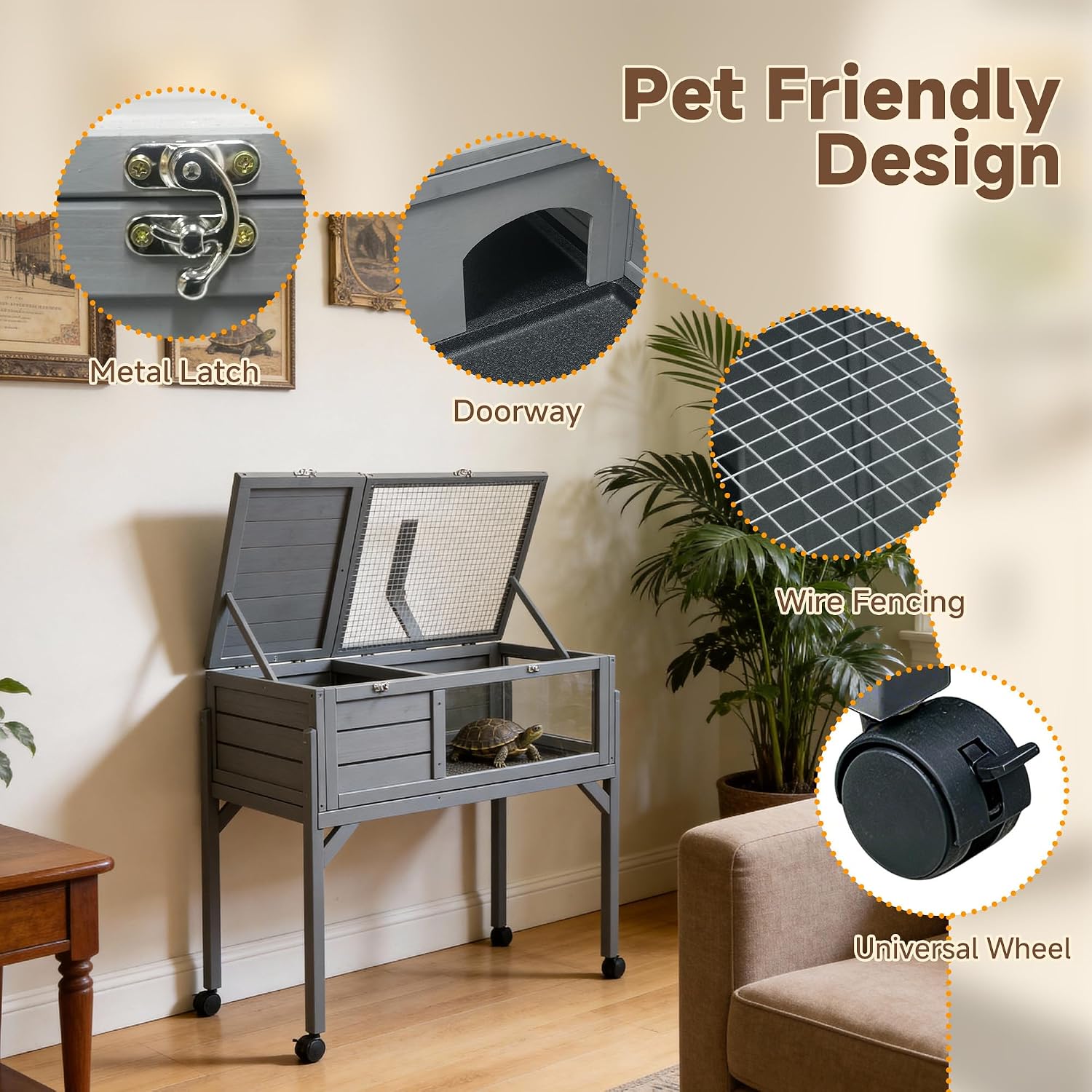Large Tortoise Habitat Wooden Rolling Tortoise Cage House Reptile Terrarium Enclosure with Stand Leg Wheel Fixed Tray Openable Roof Lamp Holder for Gecko Lizard Snake Small Animal Cage Gray - Image 3