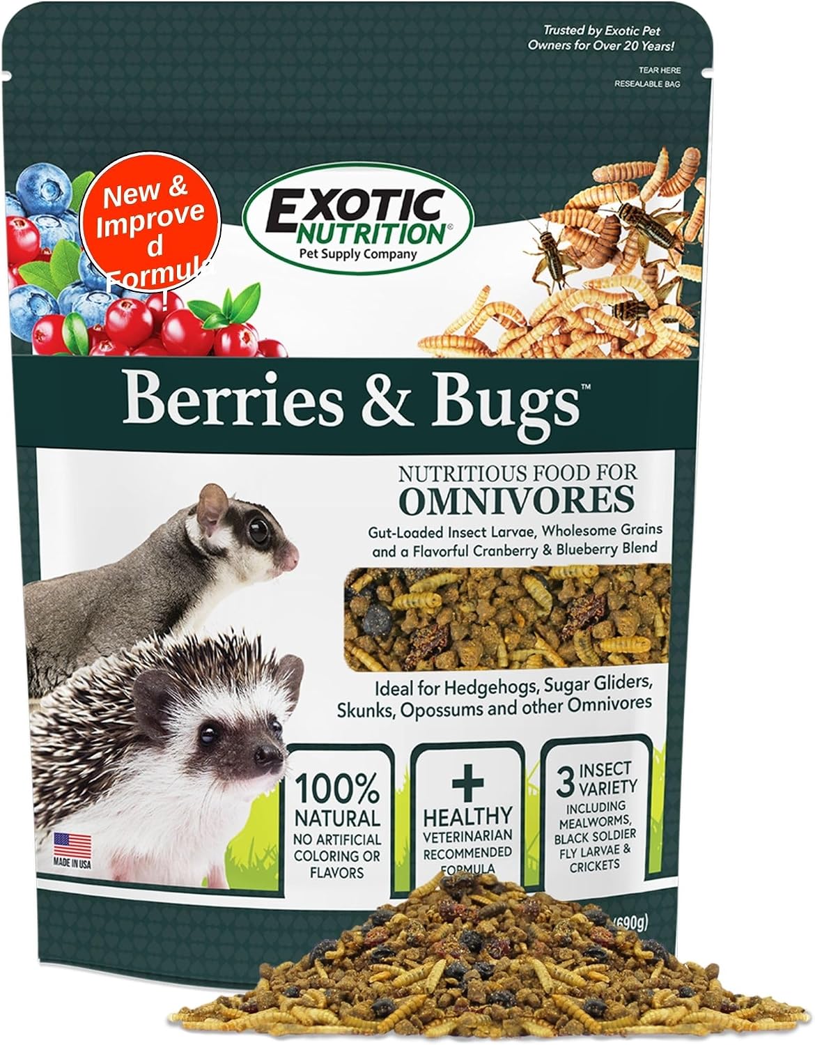 Berries & Bugs 1.5 lb - All Natural High Protein High Fiber Food for Hedgehogs, Skunks, Opossums, Sugar Gliders - Universal Insectivore Diet with Fruit, Gut-Loaded Insects, & Healthy Vitamins