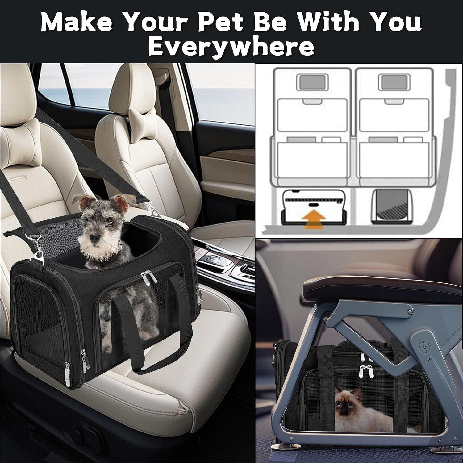 Soft-Sided Cat/Dog/Pet Carrier, Collapsible Pets Travel Carriers for Big Cats/Small Dogs with Shoulder Strap & Removable Mat, Mesh Puppy Carry Bag, Up to 16 Lbs, TSA Airline Approved(Black) - Image 7