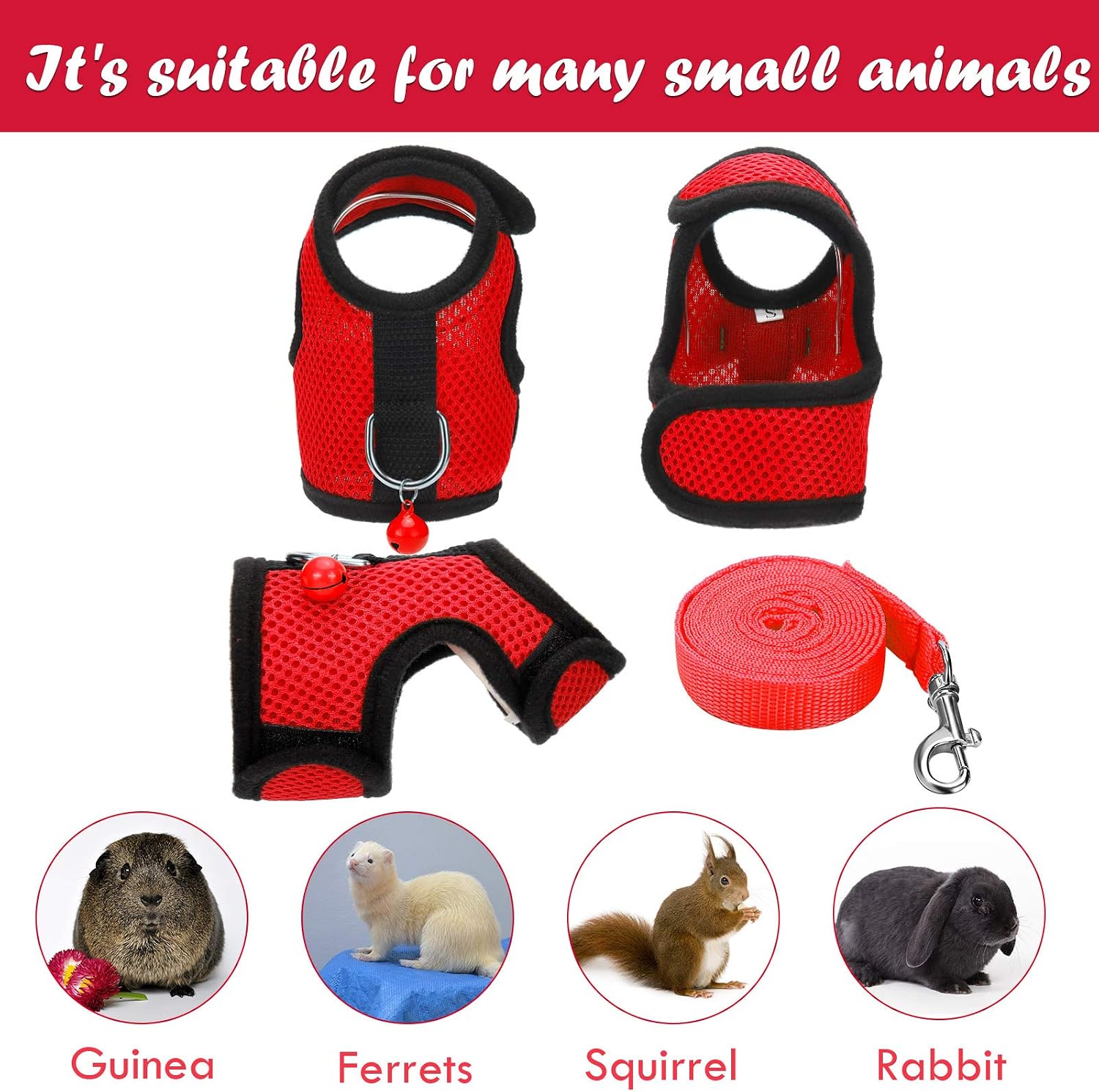 SATINIOR 2 Sets Guinea Pig Harness and Leash Adjustable Soft Mesh Harness Bell No Pulling Comfort Vest for Baby Ferret Rats Hamster Bunny Rabbit Chinchilla and Small Pet(Black, Red,S) - Image 3