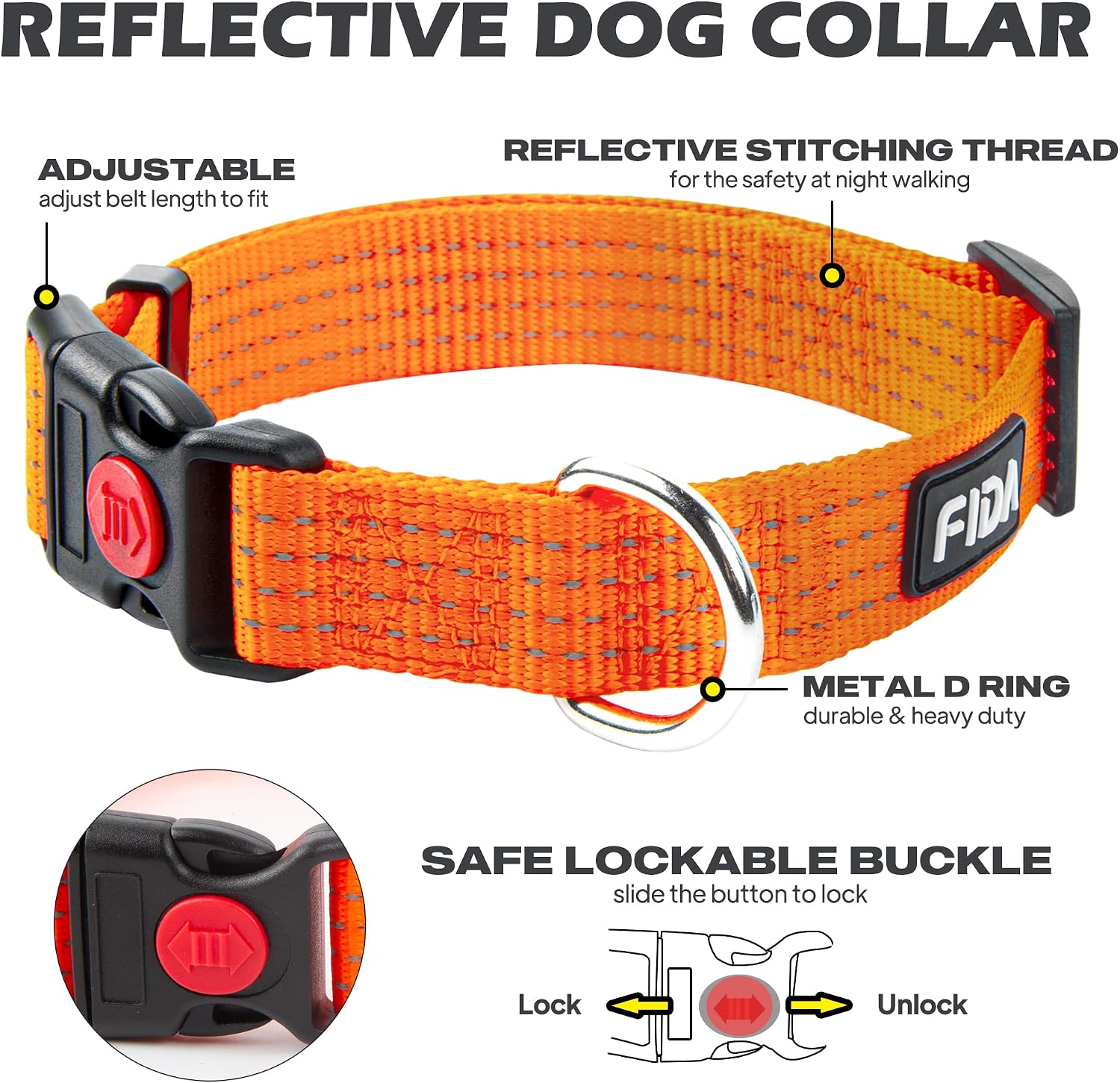 Fida Reflective Dog Collar, Nylon Dog Collars with Neon Colors for Small/Medium/Large Dogs, High Visibility Dog Collars with Safety Locking Buckle(Medium, Neon Orange) - Image 2