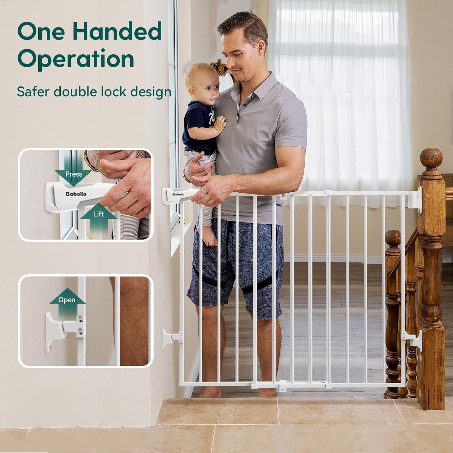 Babelio Baby Gate for Stairs, Kitchen & Doorways, 26-43" W 28" H No Bottom Bar| Easy Installation| One-Handed Operation| Auto-Close| Hardware Mount (Drill Needed) Safety Dog/Pet Gate Indoor (White) - Image 4
