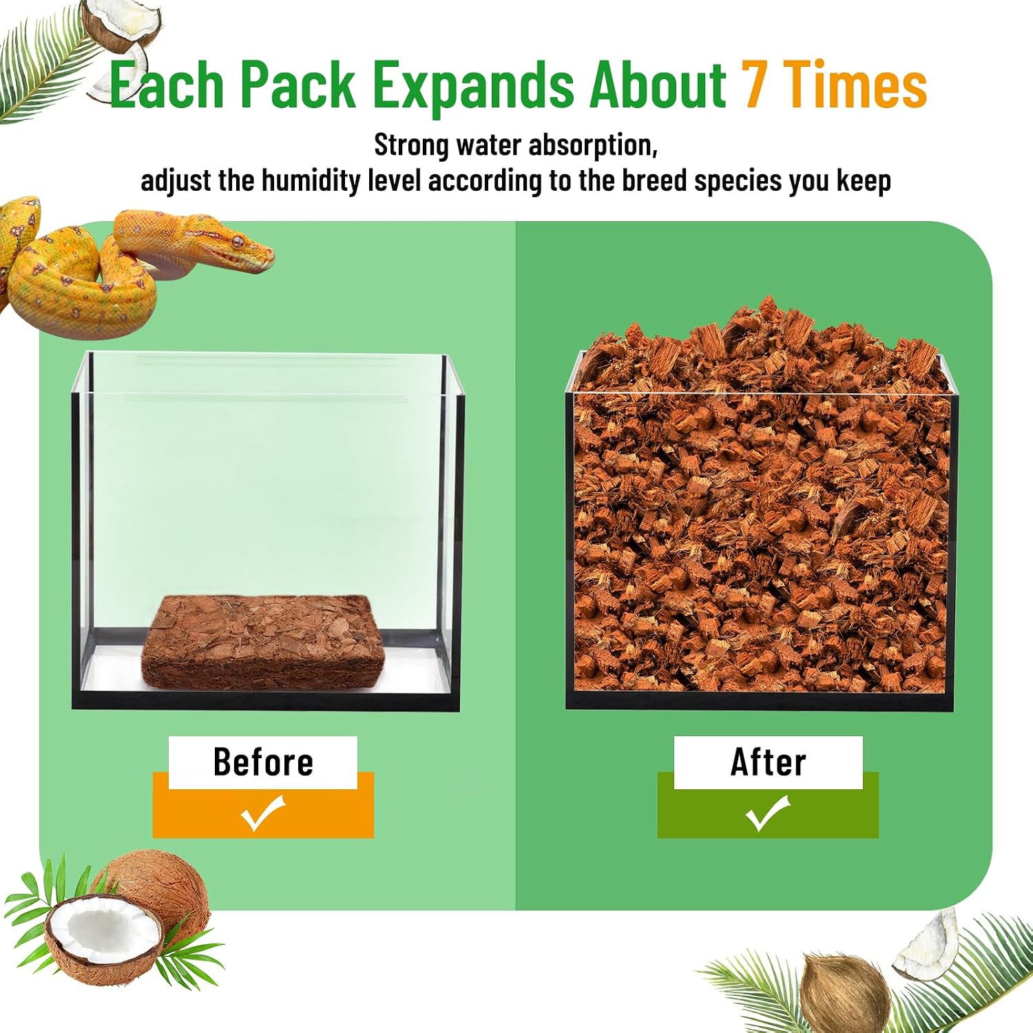 Riare 4 Pack Natural Coconut Chip Substrate for Reptiles- Compressed Coconut Husk Reptiles Bedding, Coco Husk Chip Terrarium Substrate for Snakes, Tortoises, Ball Python, Frogs, Bearded Dragon, Lizard - Image 3