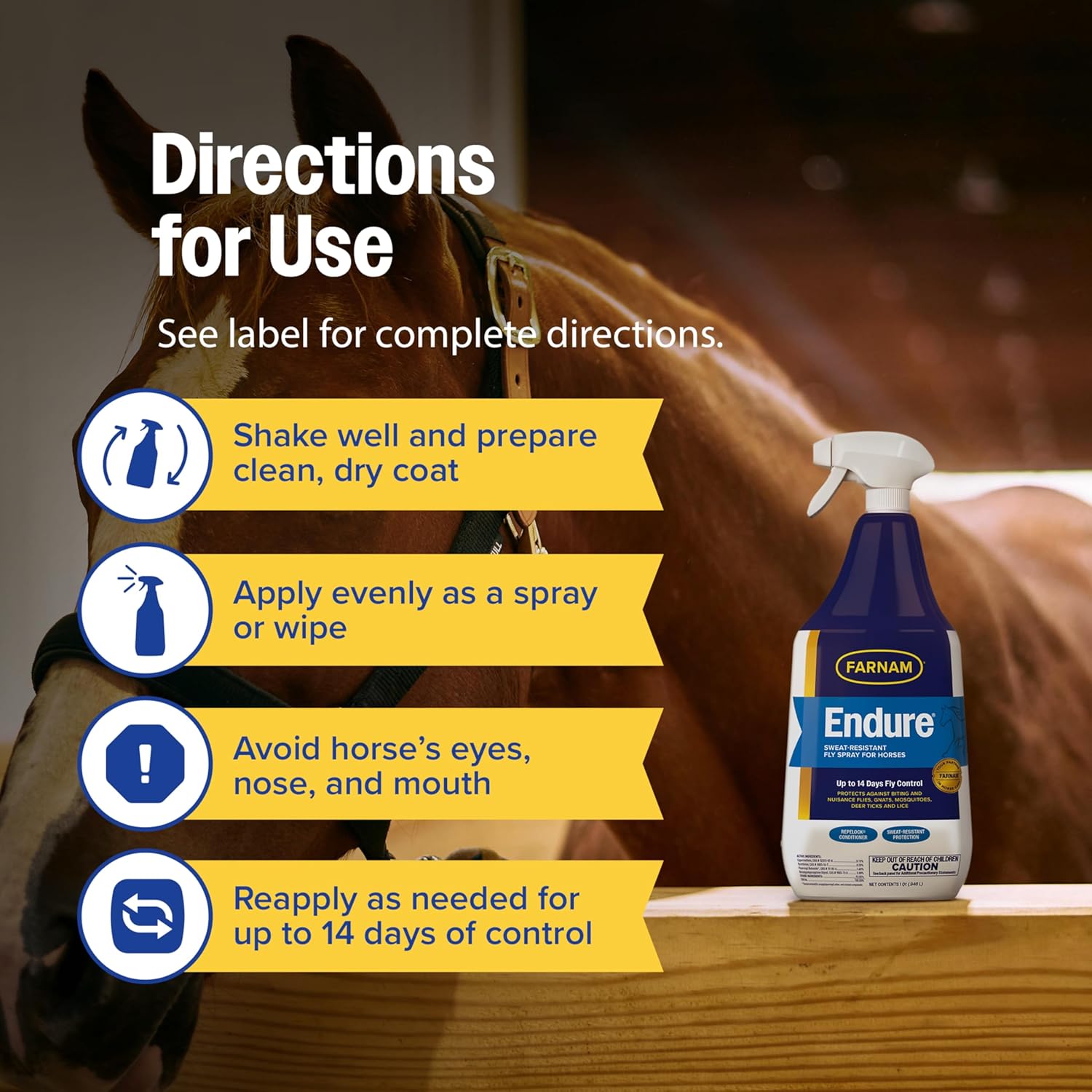 Farnam Endure Fly Spray for Horses - Long-Lasting Sweat-Resistant Fly Repellent, Repels Flies, Mosquitoes, Gnats and Ticks, Up to 14 Days Fly Control - 32 oz Spray - Image 4