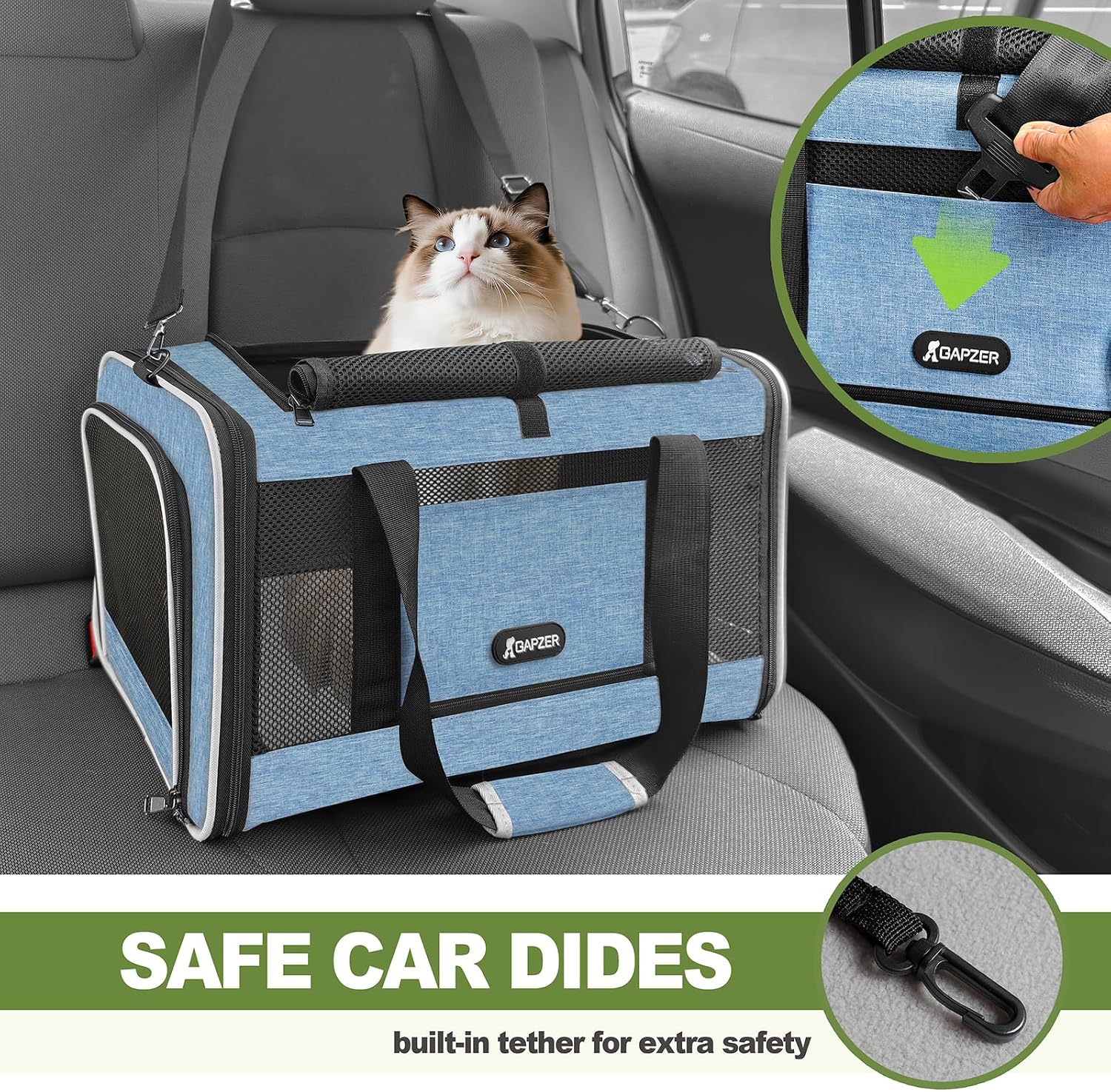 GAPZER Cat Carrier 18 x 11 x 11 Top Loading Soft-Sided Pet Travel Bag Over 15lbs, Portable Small Dog Puppy Car Crate 10 lbs, Chihuahua Kennel Carry Case, Kitty Cloth Cage Medium Cat Under 25 Blue - Image 8