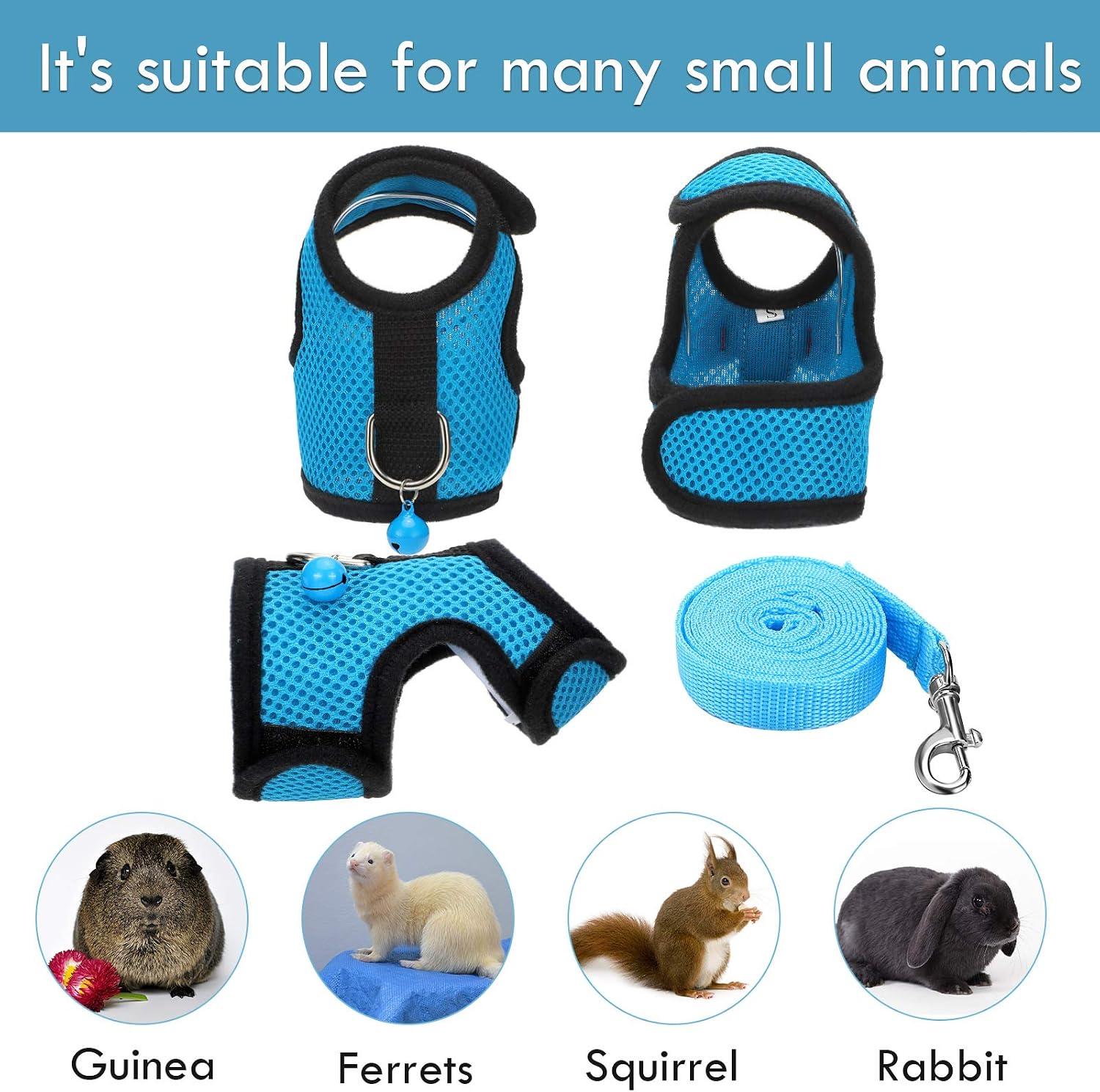 SATINIOR 2 Sets Guinea Pig Harness and Leash Adjustable Soft Mesh Harness Bell No Pulling Comfort Vest for Baby Ferret Rats Hamster Bunny Rabbit Chinchilla and Small Pet(Blue, Black,S) - Image 3