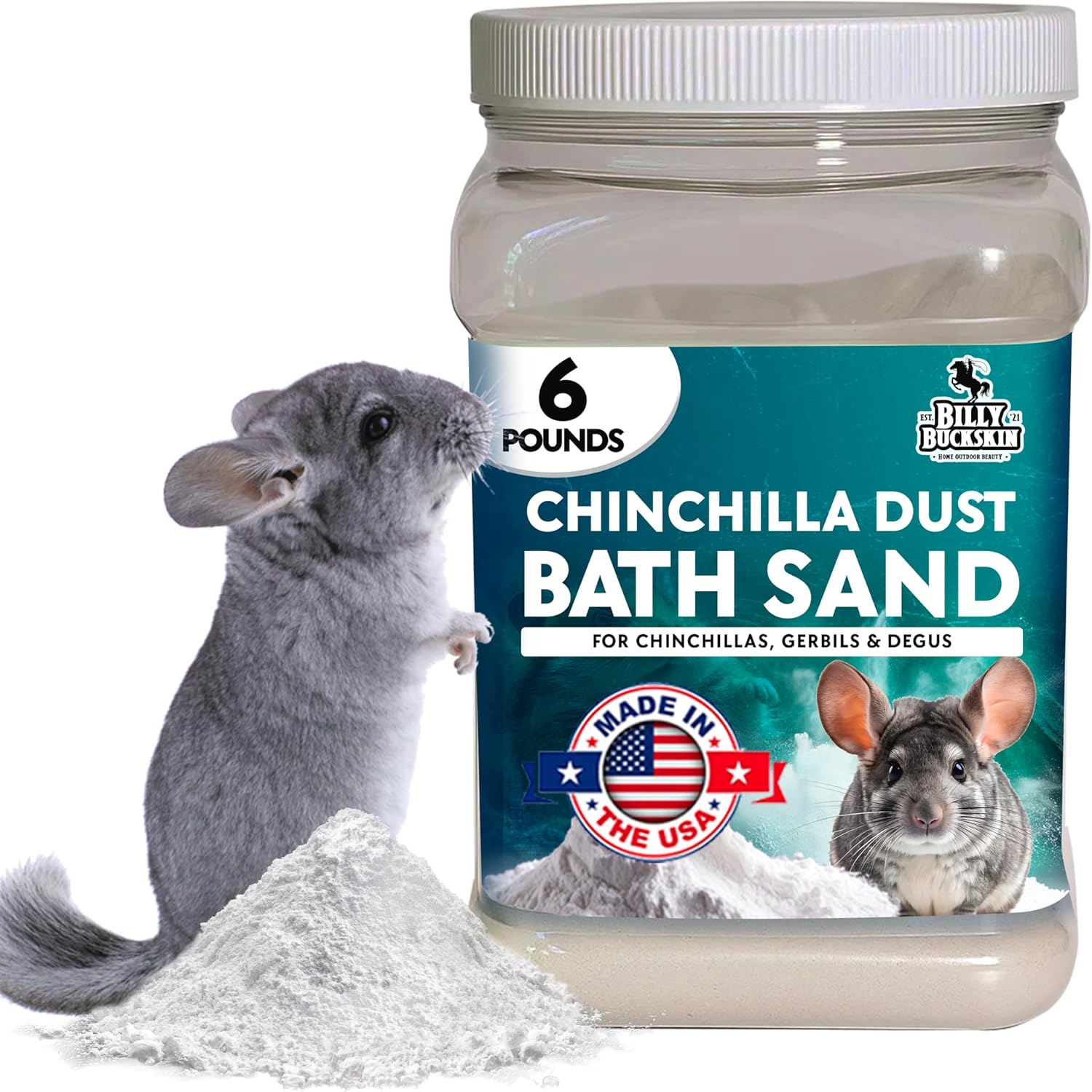 6 LB. Chinchilla Dust Bath Jar - Pure Cleansing Pumice Sand Dust for Cleaning Small Pets Like Gerbils, Mice, Degu - Premium, All Natural Dusting Powder - Chinchilla Accessories by Billy Buckskin