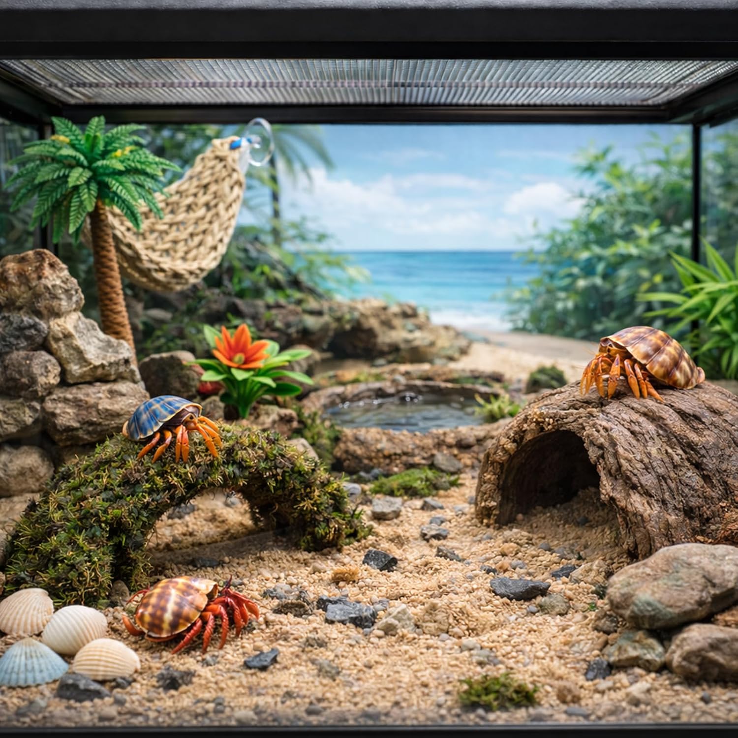 HERCCOCCI Hermit Crab Accessories, 6Pcs Hermit Crab Toys Coconut Shell Hut Climbing Hammock Artificial Plants for Hermit Crabs - Image 5