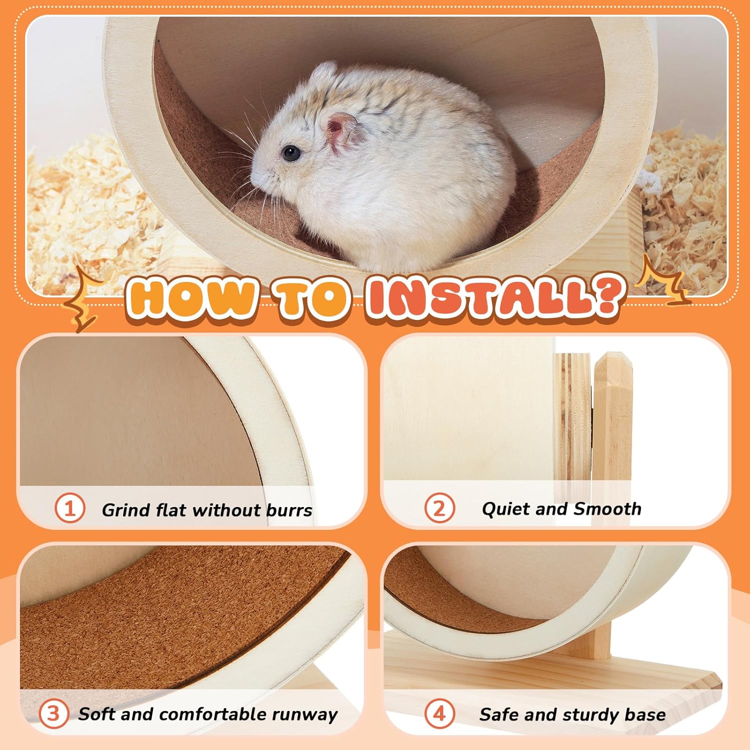 18 Pcs Hamster Cage Accessories, Silent Hamster Wheel, 15 Chew Toys Set, Maze Wood House and Water Bottle Set for Rat Mice Small Animals Habitat (Harmony Wooden Style) - Image 4