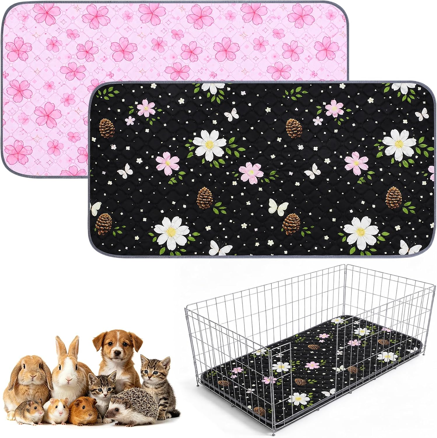 Guinea Pig Cage Liner 2 Pack Super Absorbent Washable Guinea Pig Pee Pads Waterproof Reusable Anti Slip Bedding Pee Pad Mat for Rabbit Bunny Rat Cat (Flowers, 28" x 14" (2 Pack))