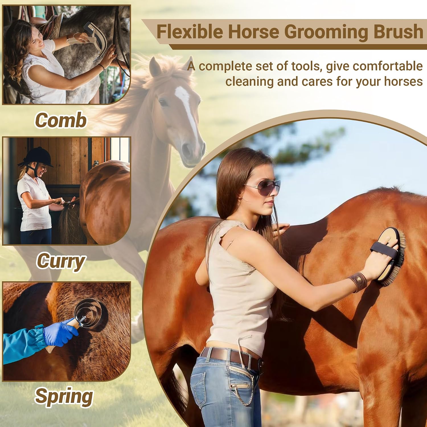 Horse Grooming Kit, 14-in-1 Professional Horse Brush Supplies Set for Grooming & Care, with Horse Brushes, Curry Comb, Hoof Pick & Waterproof Storage Tote Bag for Shining, Detangling, Massaging(Khaki) - Image 4