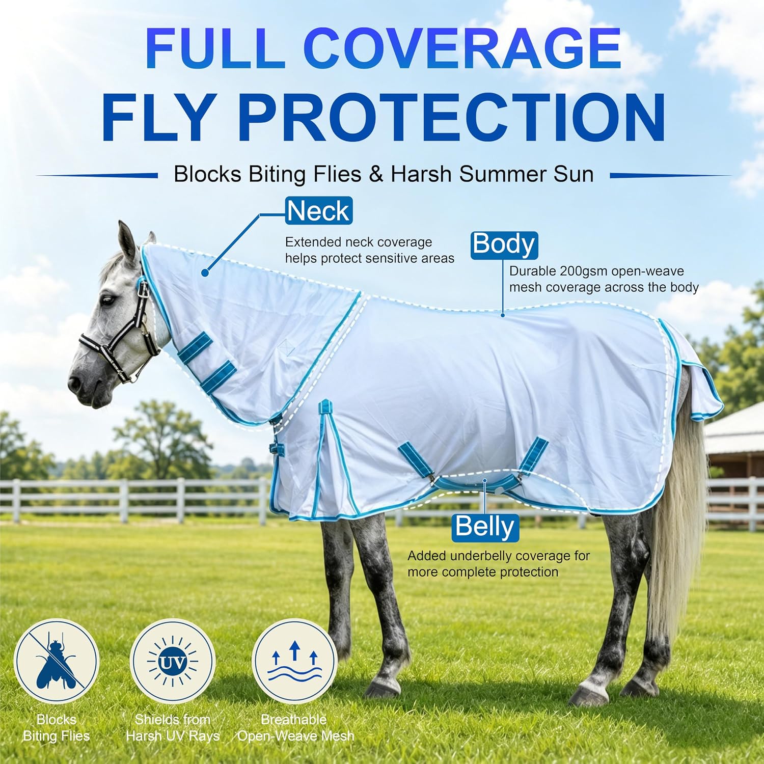 Horse Fly Sheet with Detachable Neck, Maximum Airflow Breathable Open Weave Mesh for Hot Weather, Anti-Rub Comfort, 65% UV Protection, Cool Summer Sheet for Pasture & Barn White 78 - Image 4