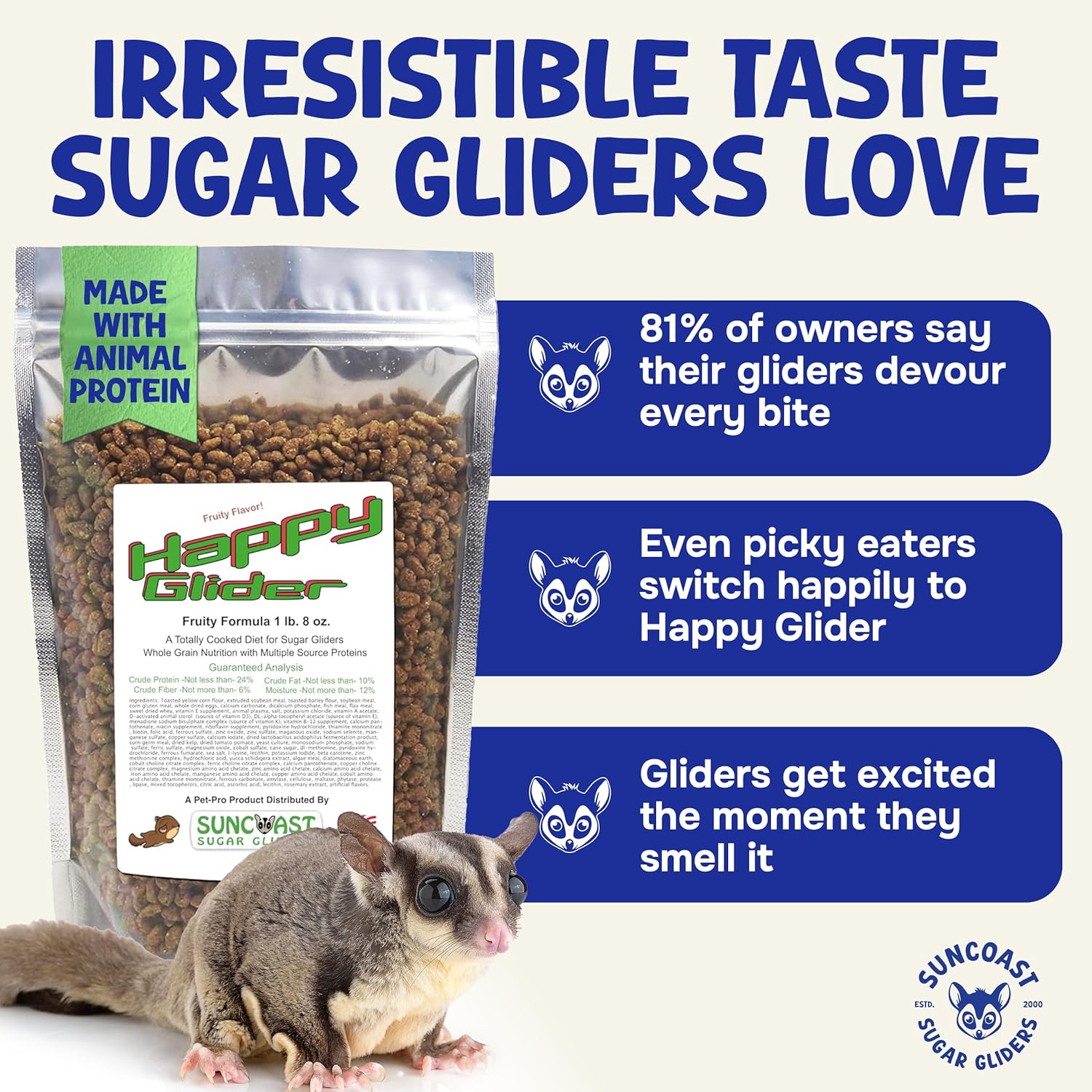 Happy Glider Premium Sugar Glider Food - High Protein, Calcium, Vitamins and Minerals, Complete Nutrition for Small Animals and Exotic Pets, 2 Months Supply - Fruity, 1.5 lbs - Image 3