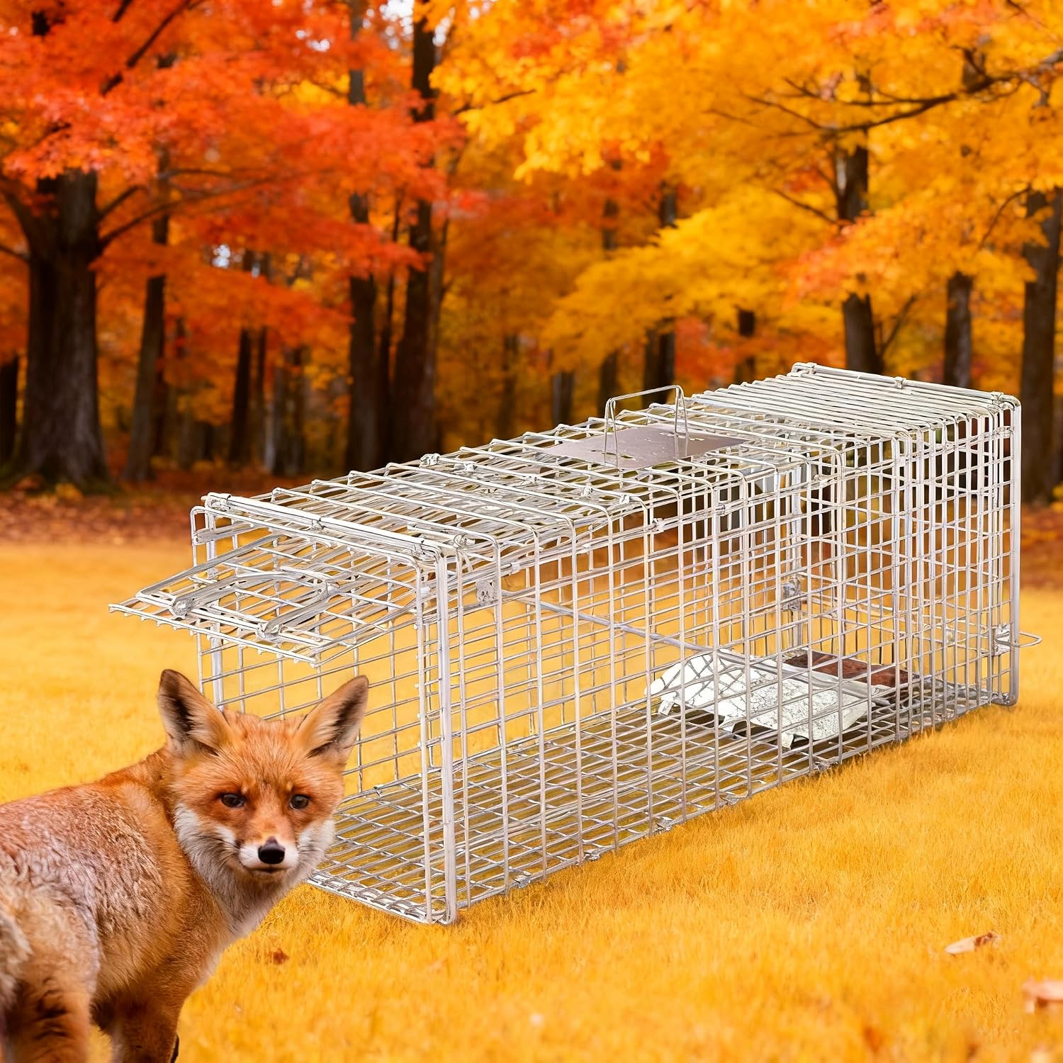 Large Live Animal Trap Cage Humane Collapsible Trap | Galvanized Iron Outdoor Foldable Animal Cage for Raccoons Foxes Coyotes Stray Dogs Armadillos - Image 6