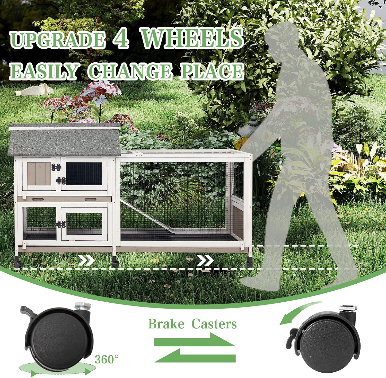2-Story Rabbit Hutch Indoor & Outdoor, Large Bunny Hutch with 3 Pull-Out Trays, 6 Lockable Wheels, Wooden Rabbit Cage with Asphalt Roof & 6 Accesses for 2-4 Rabbits, Backyard, Home, Patio - Image 2