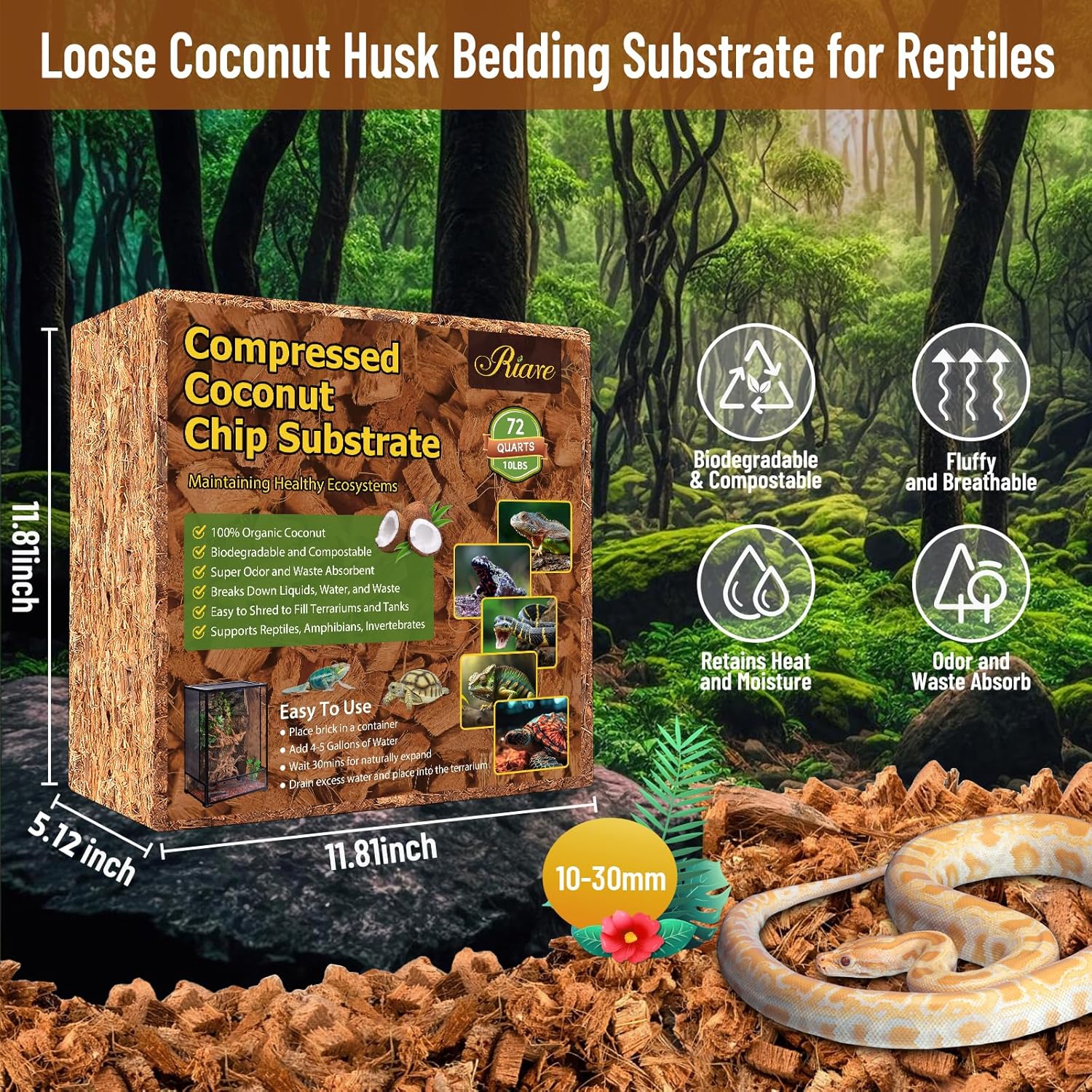 Riare 10LB Coconut Chip Substrate for Reptiles, 72 Quart Coconut Fiber Substrate Coco Chips Substrate Coconut Husk Bedding for Snakes, Tortoises, Ball Python, Bearded Dragon, Geckos, Lizards, Frogs - Image 2