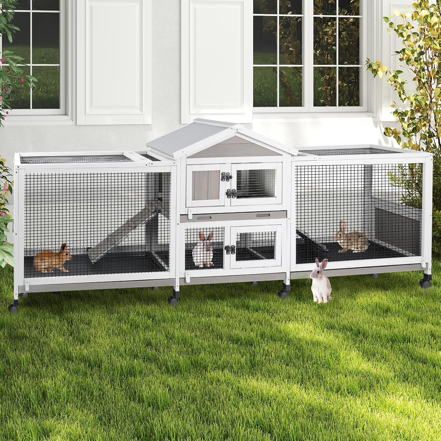 PetsCosset Double Rabbit Hutch Outdoor Indoor Large Bunny Cage with Dual Side Runs, 2-Story Wooden Hutch with 4 Leak Proof Trays, 8 Wheels, Waterproof Roof, Ramp, for Small to Medium Animals - Image 9