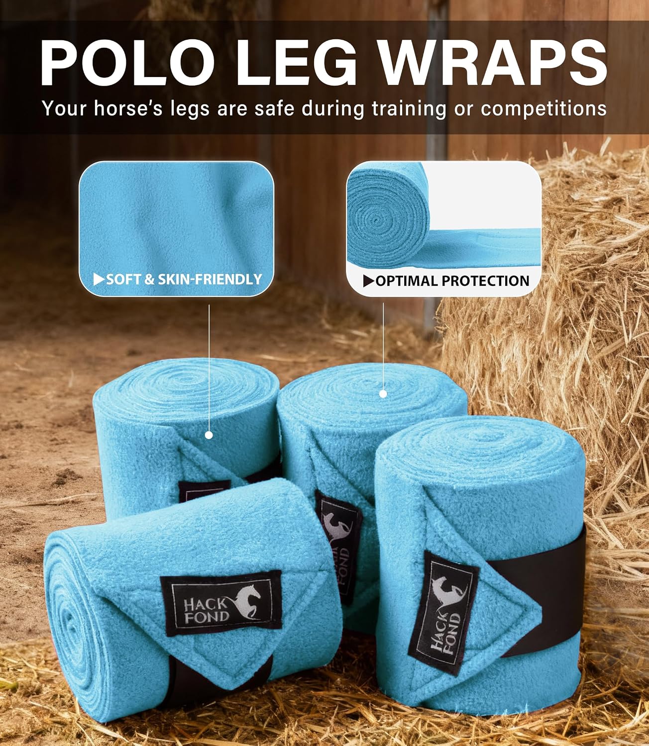 Fleece Horse Polo Leg Wraps Set of 4, 10' Horse Leg Bandages Stable Supplies Equestrian Boots Light Blue - Image 3